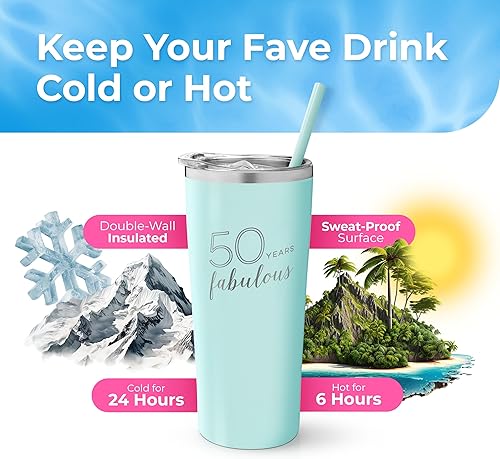 Miniatura 2 de Vaso de 50 cumpleaños – 50 años fabulosos – Vaso de acero inoxidable con popote y tapa – Taza aislada para cumpleaños de mamá – Recuerdos de fiesta