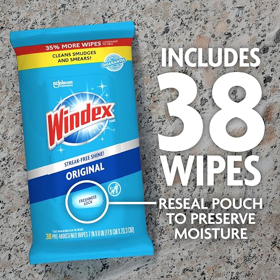 Windex Wipes Glass Cleaning, Pre-Moistened Glass and Surface Wipes to Clean Home Surfaces, Household Essentials, Original Scent, 38 Count (Pack of 1)