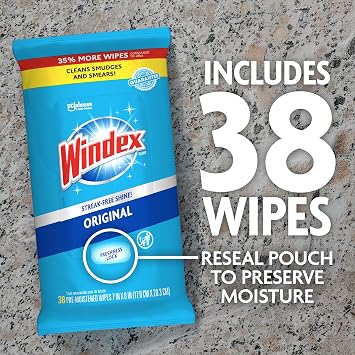 Windex Wipes Glass Cleaning, Pre-Moistened Glass and Surface Wipes to Clean Home Surfaces, Household Essentials, Original Scent, 38 Count (Pack of 1)