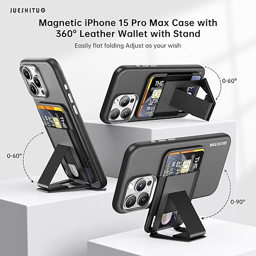 Miniatura 4 de JUESHITUO Funda magnética para iPhone 15 Pro Max con tarjetero cartera magnética súper fuerte con soporte compatible protección contra caídas de