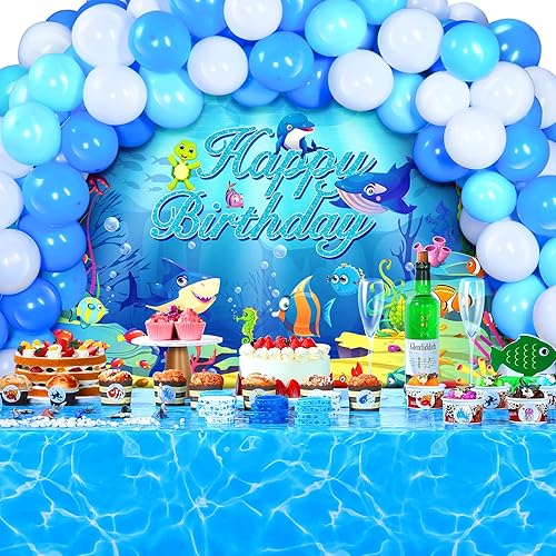 Juego de 62 piezas de decoración de fiesta de cumpleaños con temática oceánica, suministros de cumpleaños de animales, incluye telón de fondo de