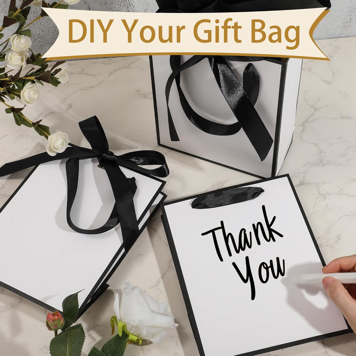 STOBOCTER 12 Pcs Thank You Gift Bags with Handles and Tissue Paper 9 x 7 x 3. 15'' Elegant Welcome Gift Bags with Bow Ribbon for Wedding Bridal Baby Shower Housewarming Birthday Party(White, Black) - Image 3