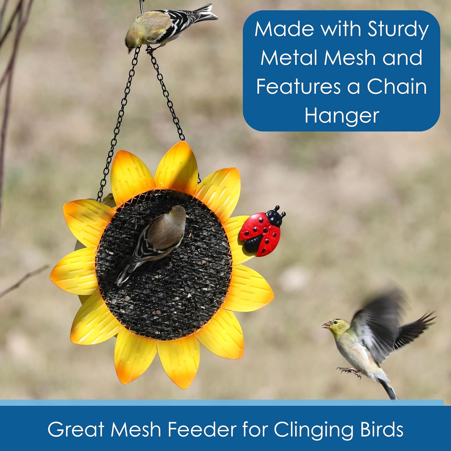 Gift Essentials Gift Essentials Sunflower with Ladybug Metal Mesh Sunflower Seed Feeder, Metal Hanging Wild Bird Feeder