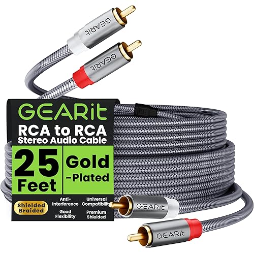 GEARit RCA Cable (25FT) 2RCA Male to 2RCA Male Stereo Audio Cables Shielded Braided RCA Stereo Cable for Home Theater, HDTV, Amplifiers, Hi-Fi Systems, Car Audio, Speakers, 25 Feet