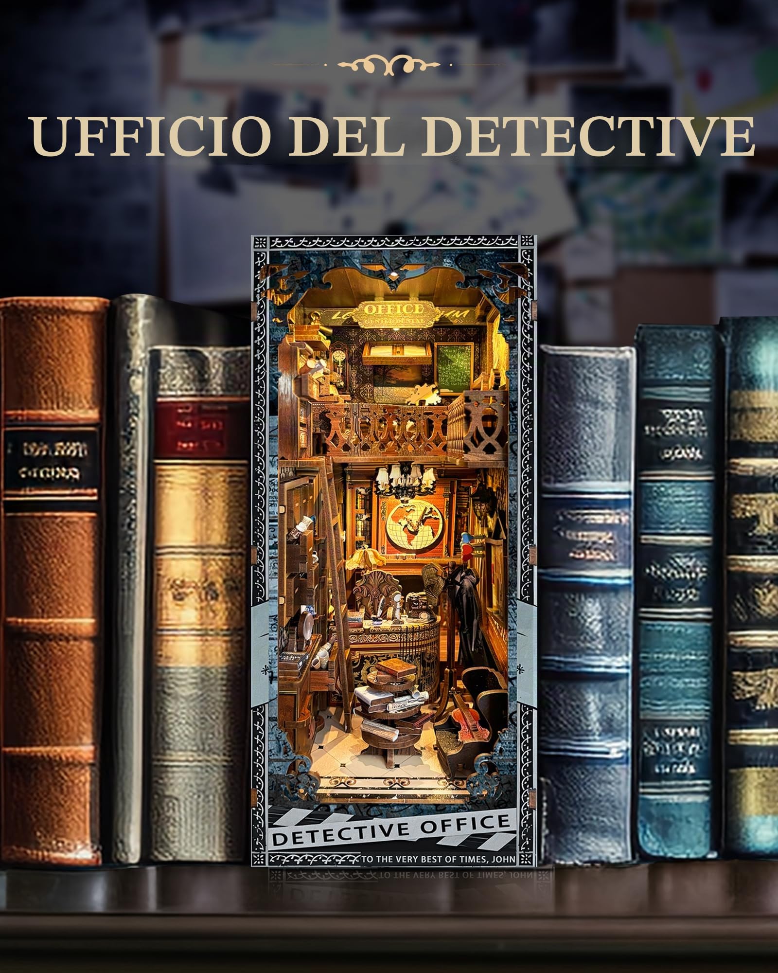 Quanquer Book Nook Kit_ con luce a LED, copertura antipolvere in miniatura, casa delle bambole in miniatura, libreria in legno 3D, puzzle in legno, detective office booknook(detective Office)