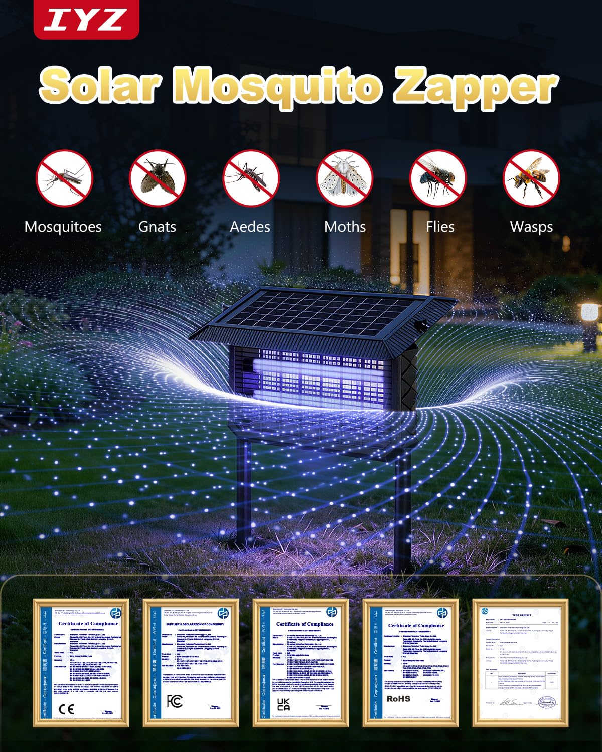 IYZ Trappola per insetti solare per esterni, impermeabile, 3 in 1, senza fili, con doppia alimentazione (solare + USB) e batteria da 6000 mAh, lampada antizanzare per cortile, patio, giardino, camper
