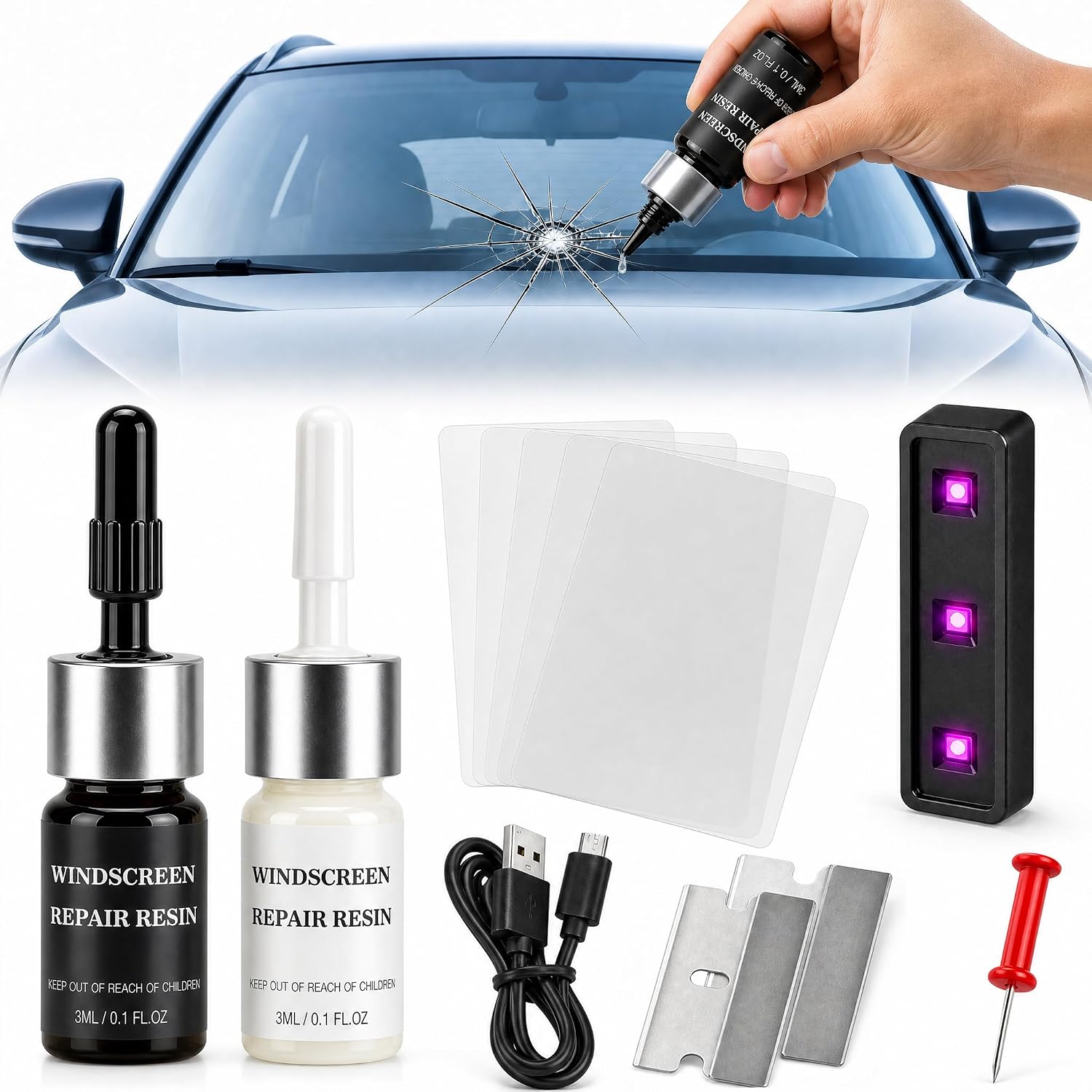 Windshield Chip Repair Kit - Upgraded Quick Fix DIY Glass Crack Repair Kit with UV Light, Professional Grade Resin for Chips, Cracks, Bulls-eye & Star - Restore Clarity & Strength, Like New Result