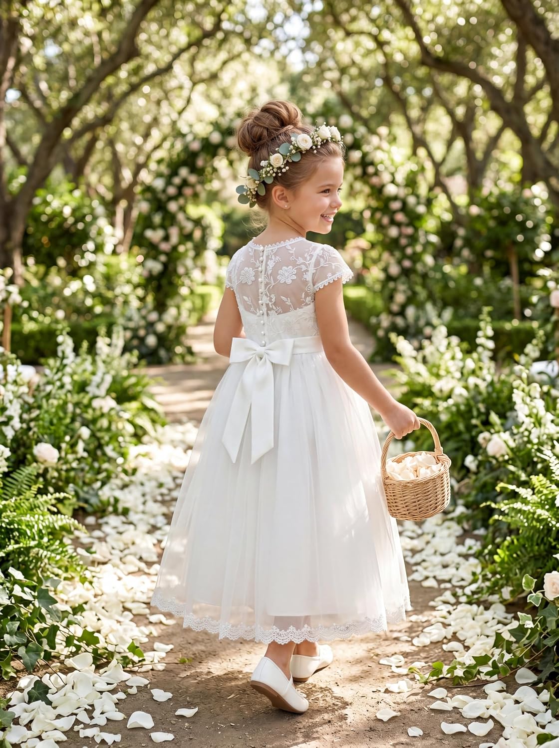 LalaMira Flower Girl Dress for Wedding Lace Tulle Pageant Gown, Graduation Party Communion Dress (Veil Included)