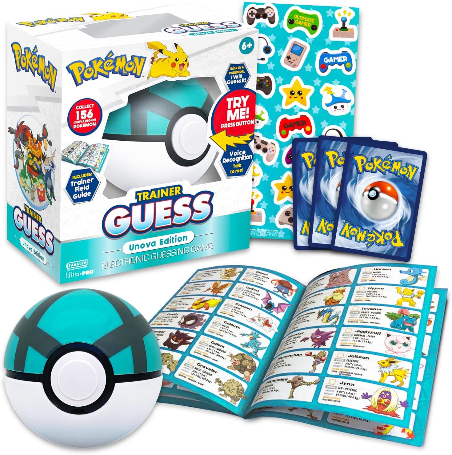 Pokemon Trainer Guess Game Unova Edition - Bundle with Guessing Game, Talk to Your Poke Ball Plus Bookmark, Trading Cards | Pokemon Guessing Game