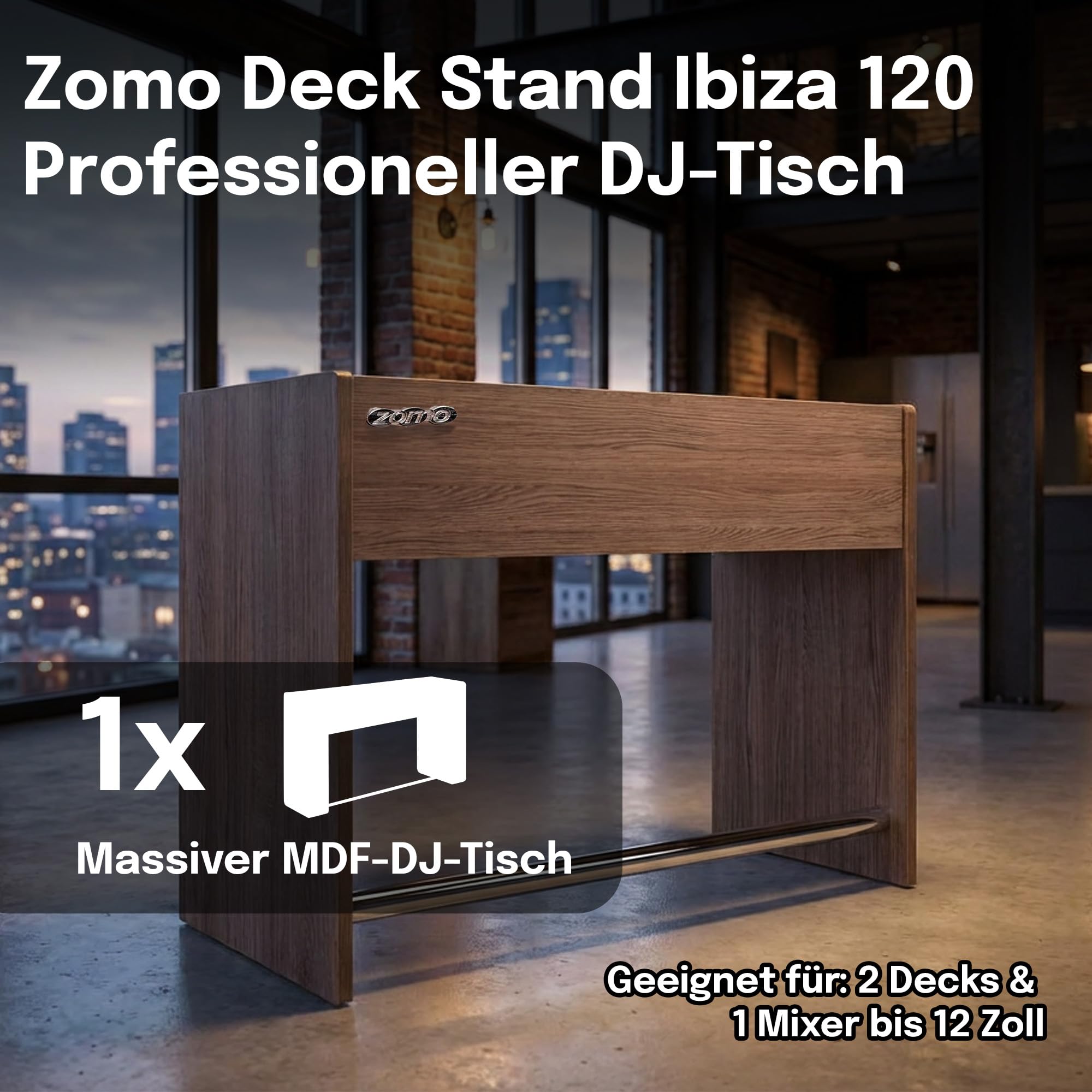 Zomo Deck Stand Ibiza 120 - DJ Tisch 123 x 50,6 x 96 cm - Walnuss - MDF Holz - 39,2 kg - für 2 Decks und einen Mixer bis 12 Zoll