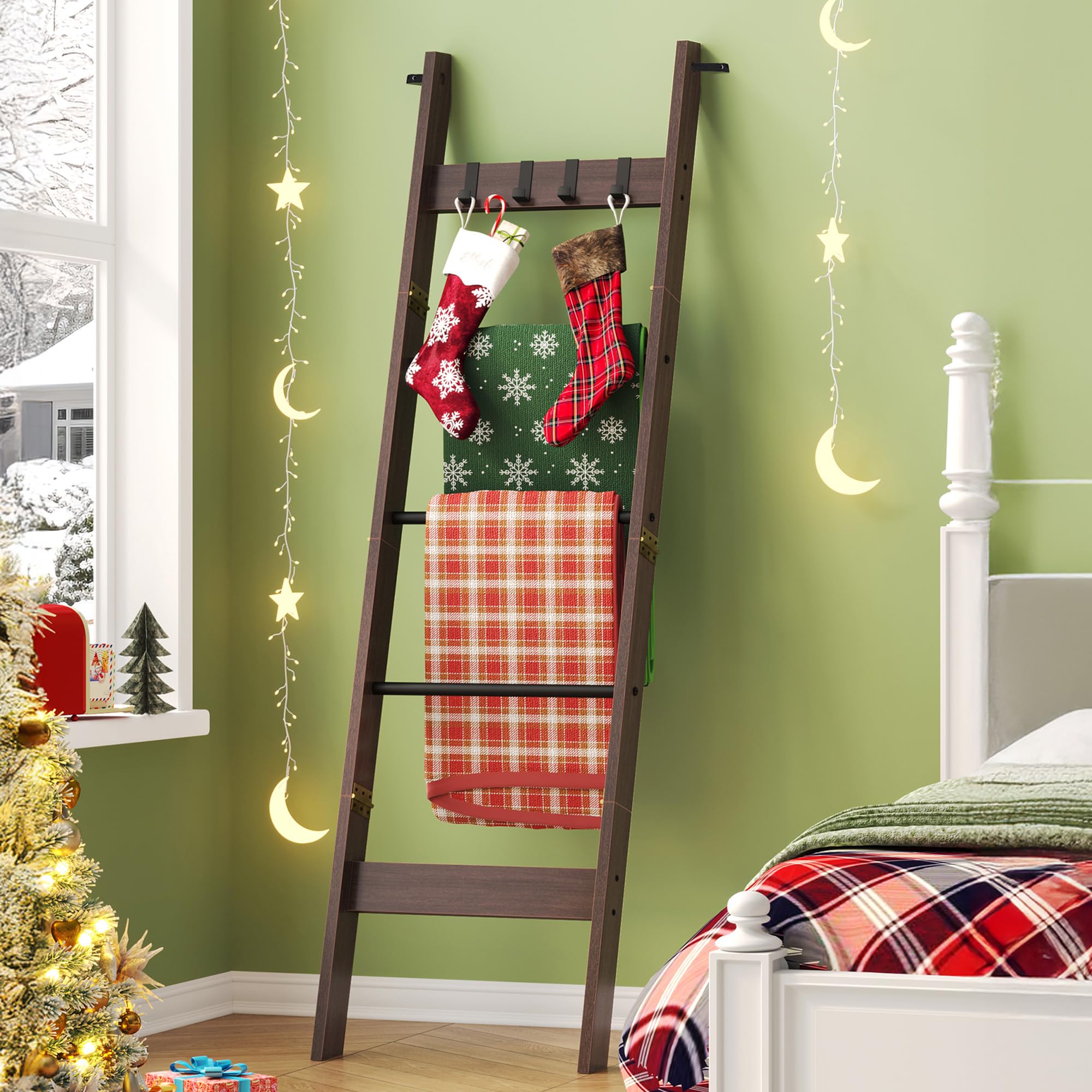 Blanket Ladder for Living Room, Decorative Quilt Rack with 4 Removable Hooks, 5-Tier Farmhouse Ladder Holder Shelf Organizer for Bedroom, Black Tea Brown and Black BR02120B