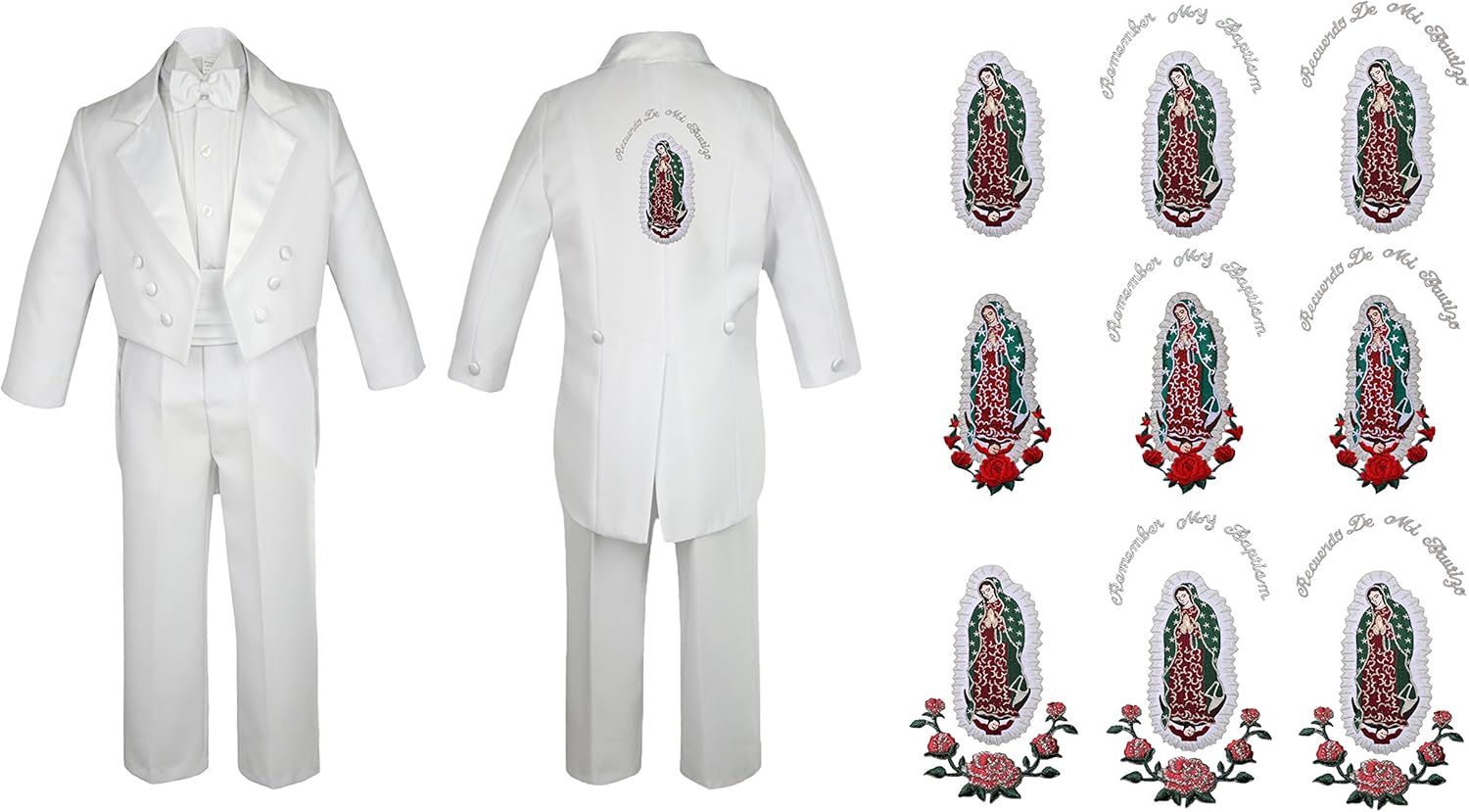 Baby Boy Teen Christening Baptism Tail Suit Silver Guadalupe Maria on Back SM-20