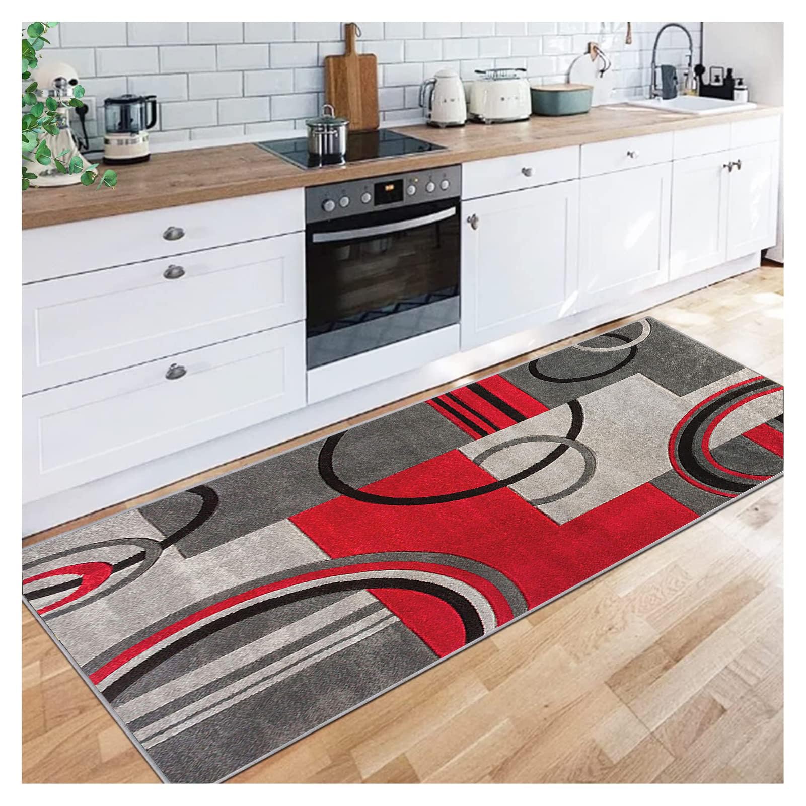 Siunwdiy Red Grey Hallway Runner, Classical Geometric Design Rugs Non Slip Washable Long Narrow Hall Living Room Carpet Runner Rug Kitchen Wide 27" X Long 196",70X500CM