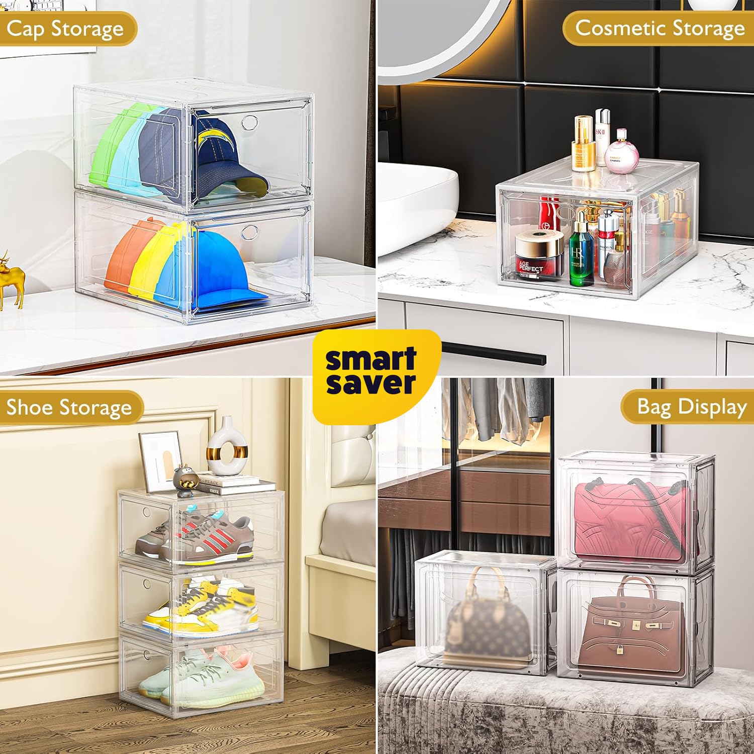 Smart Saver Solid Plastic Shoe Organizer, Shoe Storage with Magnetic Front Door, Shoe Rack 3 Pack Shoe Boxes Clear, Sneaker Storage, Shoe Organizer for Closet, Shoe Display Case, White 1