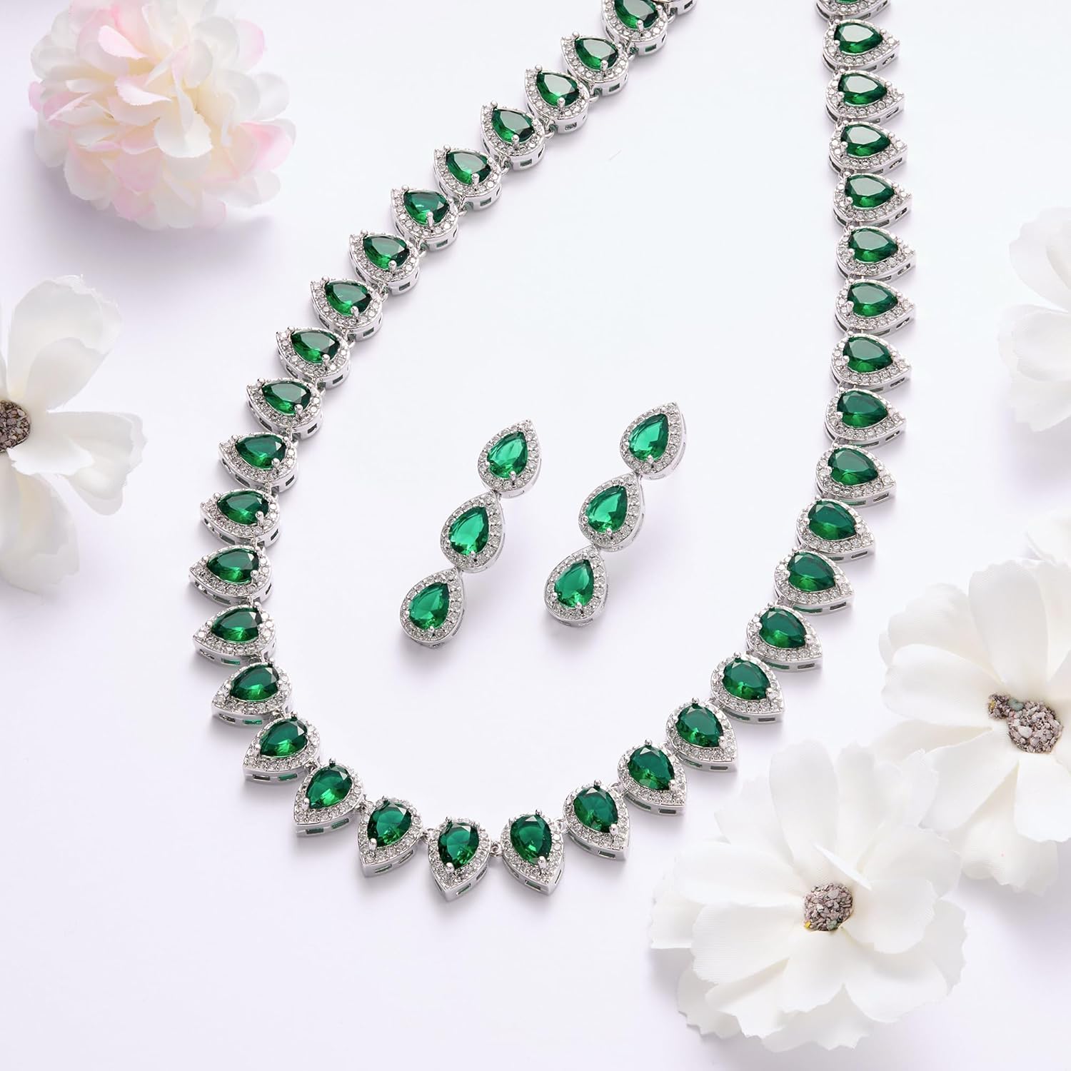 EleQueen Women's Silver-Tone Full Prong Cubic Zirconia Teardrop Bridal Necklace Earrings Set - Image 5