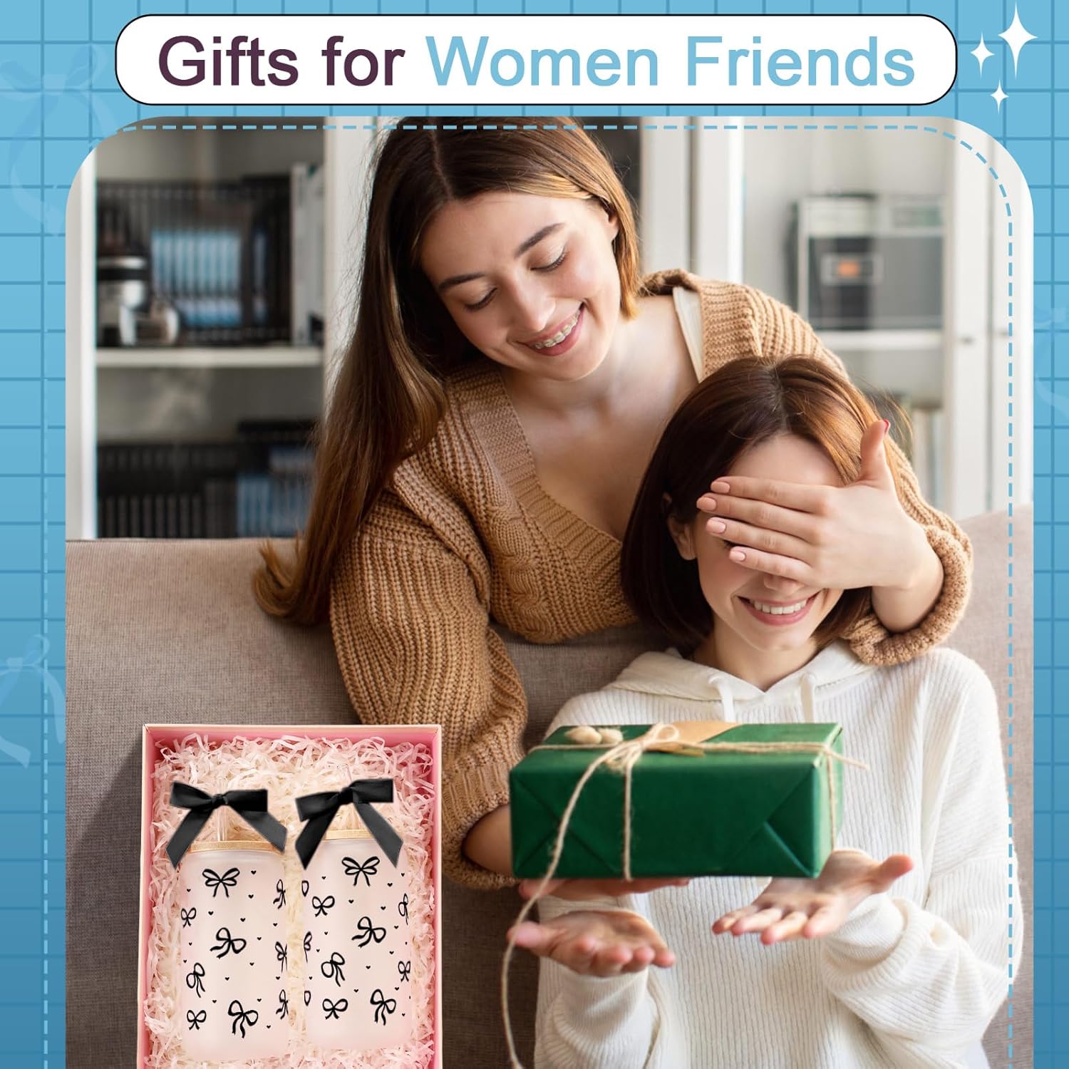 12 Sets 16oz Coquette Aesthetic Bow Glass Cup with Lids and Straws for Women Mom Gifts Cute Bow Glass Coffee Cups Reusable Smoothie Tumbler Decor for Teacher Coworkers (Black)