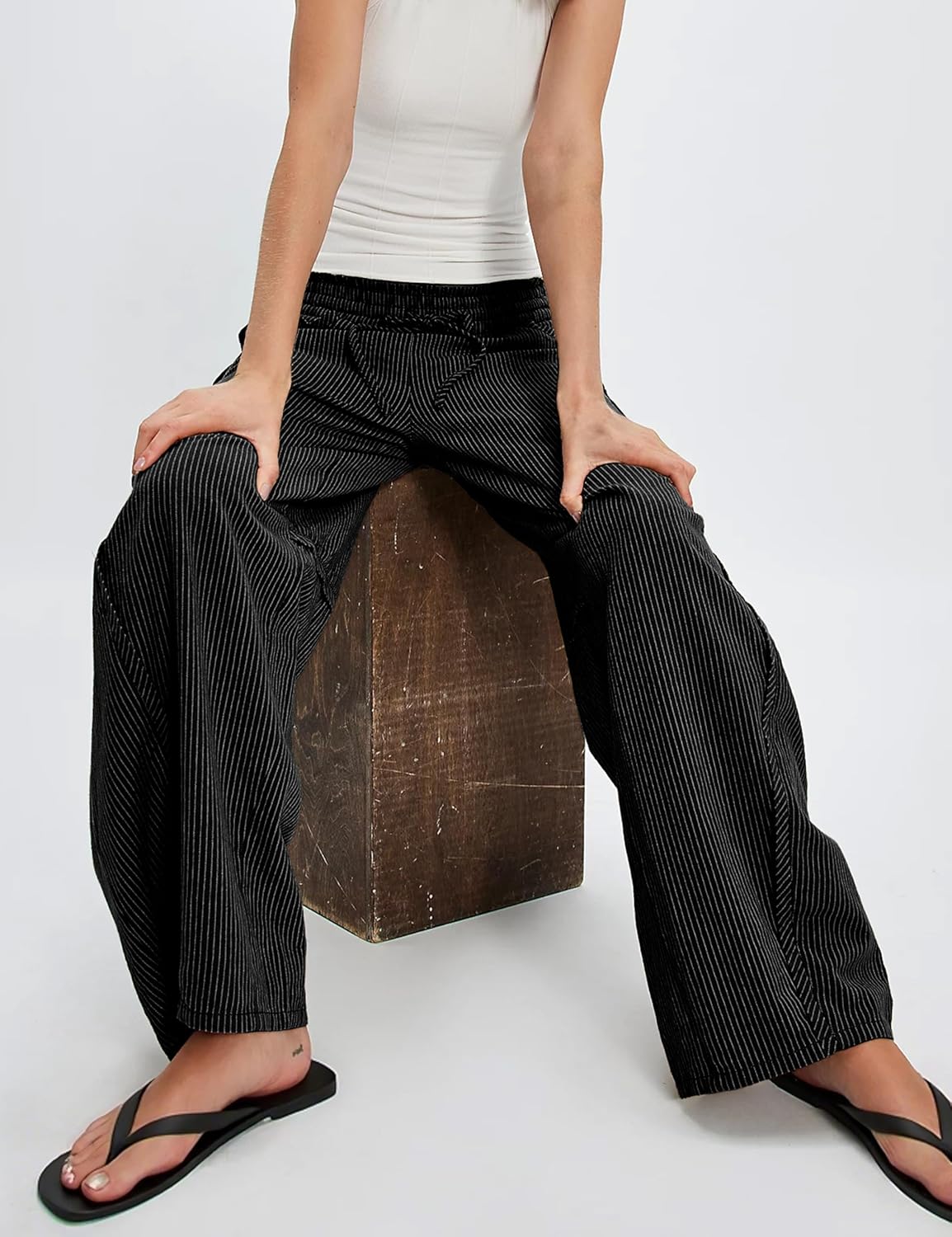 Women's Striped Barrel Pants Drawstring Waist Wide Leg Trousers with Pockets Casual Comfort for Office Lounge Travel - Image 2