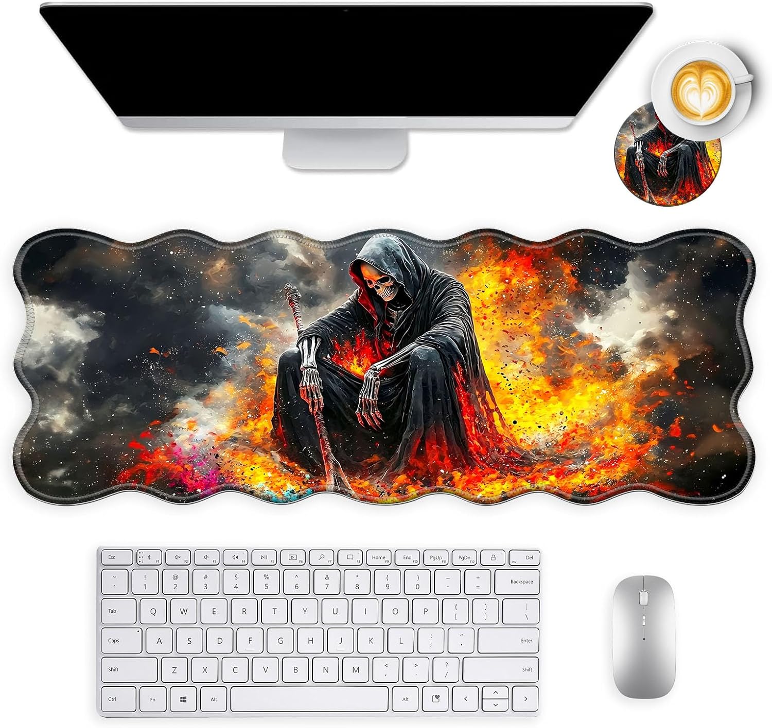 Ergonomic Wave Design Mouse Pad, Comfortable Non-Slip Gaming Mouse Pad, Large Desk Mat with Circular Coaster, Durable Waterproof Surface for Office, Home or Gaming (31.5x11.8 Inch, Grim Reaper)