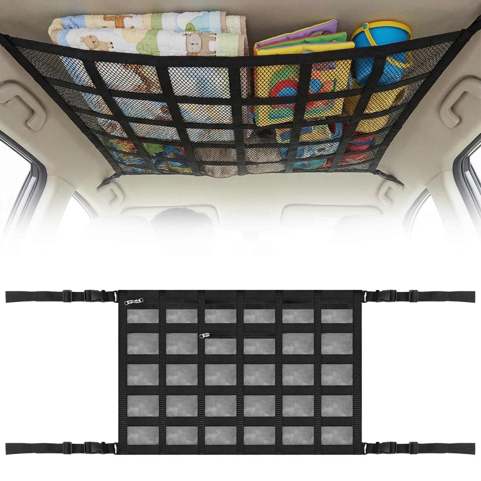 Viapriod Gepäcknetz Auto, 90 × 65 cm Universal Aufbewahrungsnetz mit Verstellbare Kreuzgurte, Netztasche mit Reißverschluss, für Vier Dacharmlehnen, SUV, Jeeps, Van und die Meisten Fahrzeugtypen