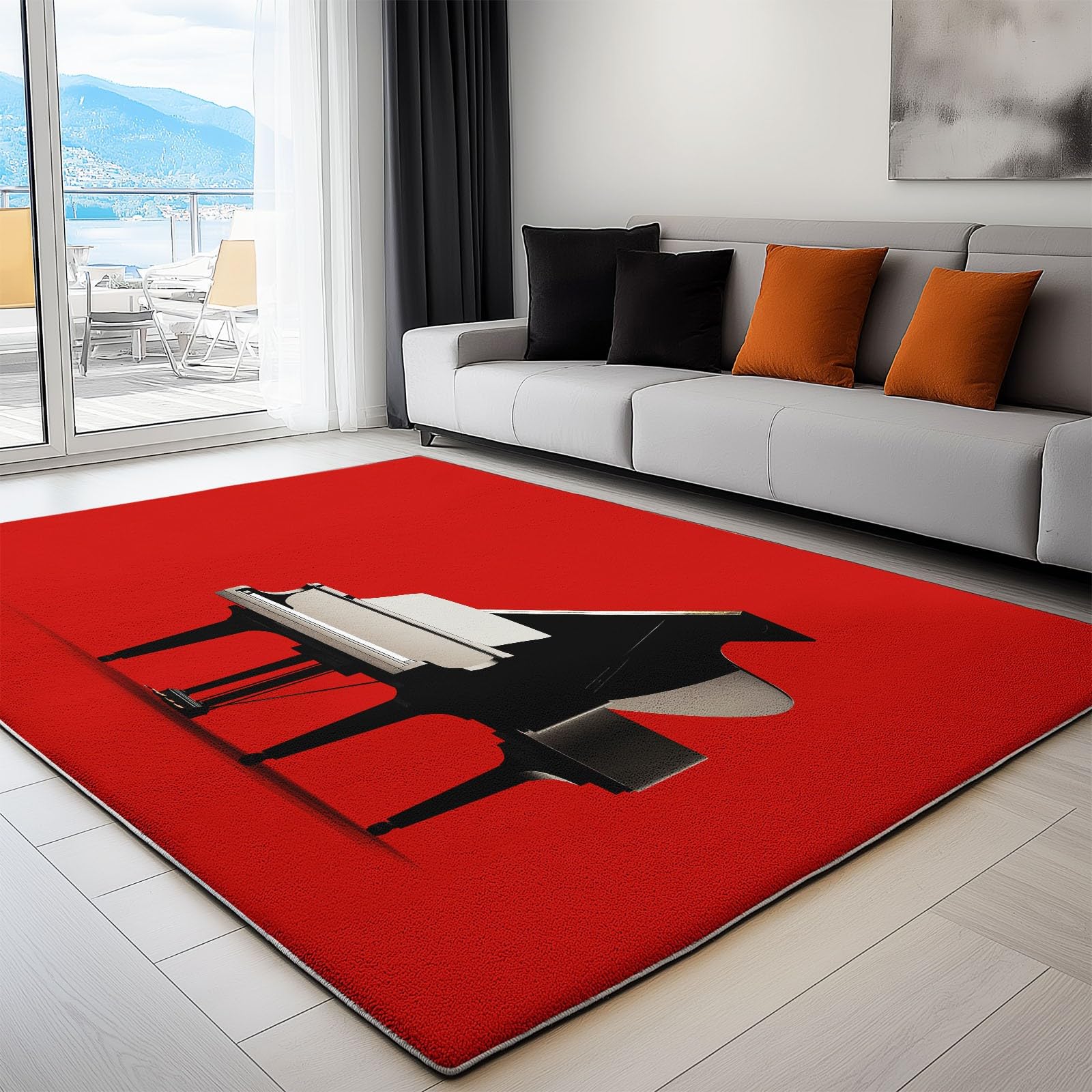 Tapis salon lavable fin motif piano rouge solution anti-taches pour bureau et enfant