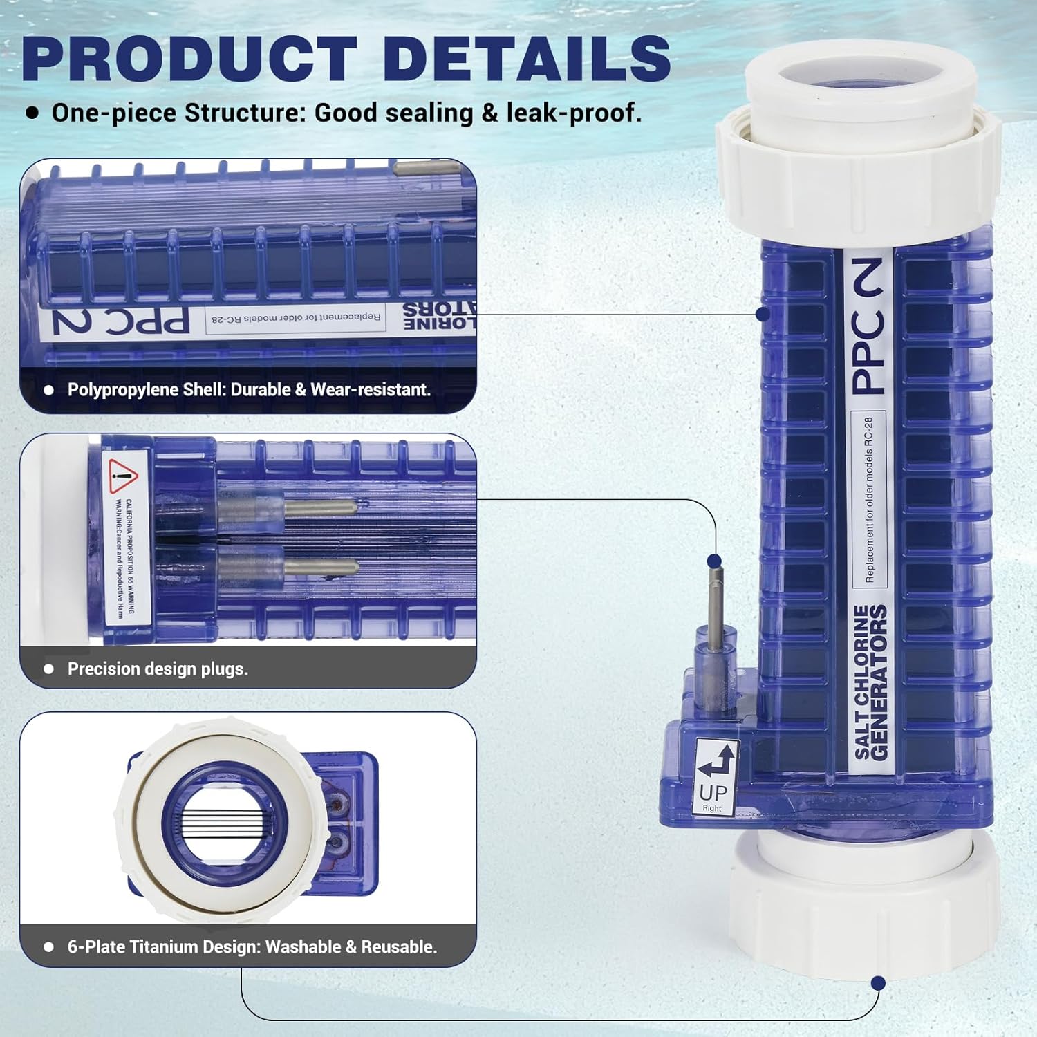 PTNHZ PPC2 RC-28 Replacement Salt Chlorinator Compatible with Pool Pilot Nano Plus Systemn Replacement Salt Cell w/Unions Up to 32,000 Gallons