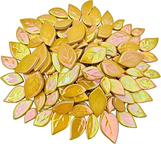 500g/1.1lb Leaf-Shaped Ceramic Mosaic Tiles,Ceramic Mosaic Pieces for Crafts,Mosaic Tiles for Home Decoration or DIY Crafts,Mosaic Making Supplies. (Iridescent Yellow)