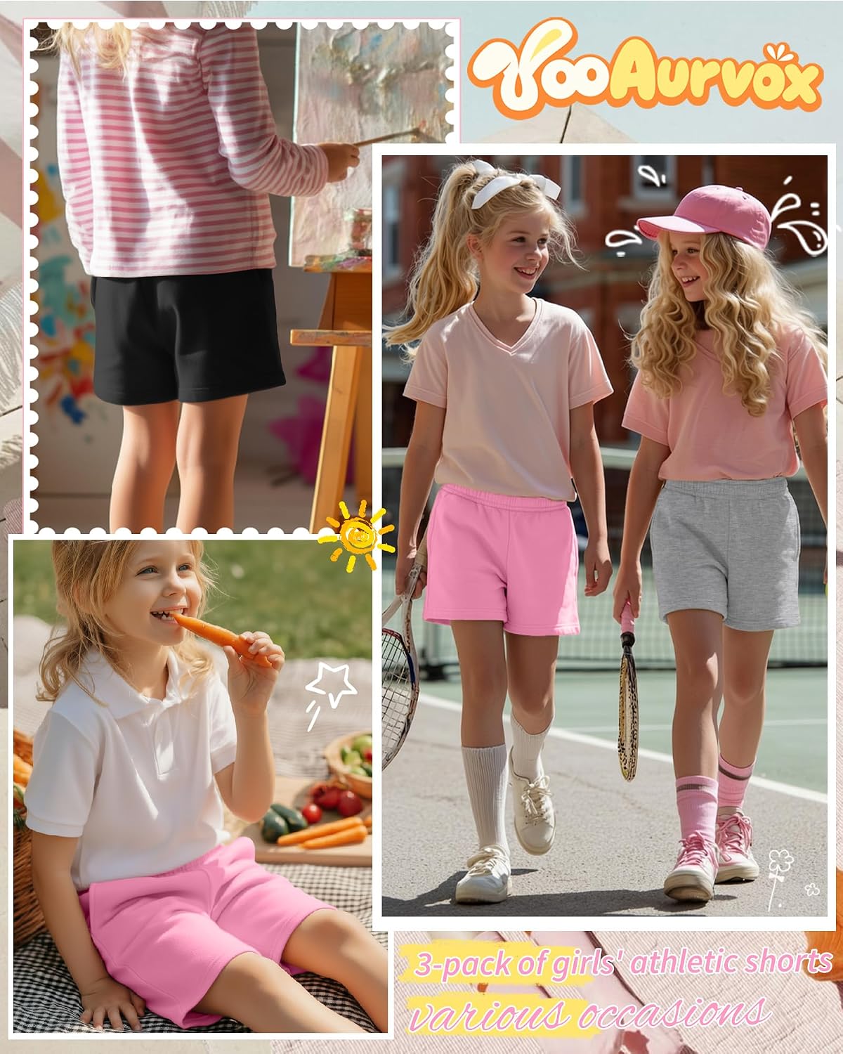 3 Pack Girls Shorts Kids Wide Leg Athletic Shorts Casual Summer Elastic Waist SweatShorts with Pockets 5-14 Years