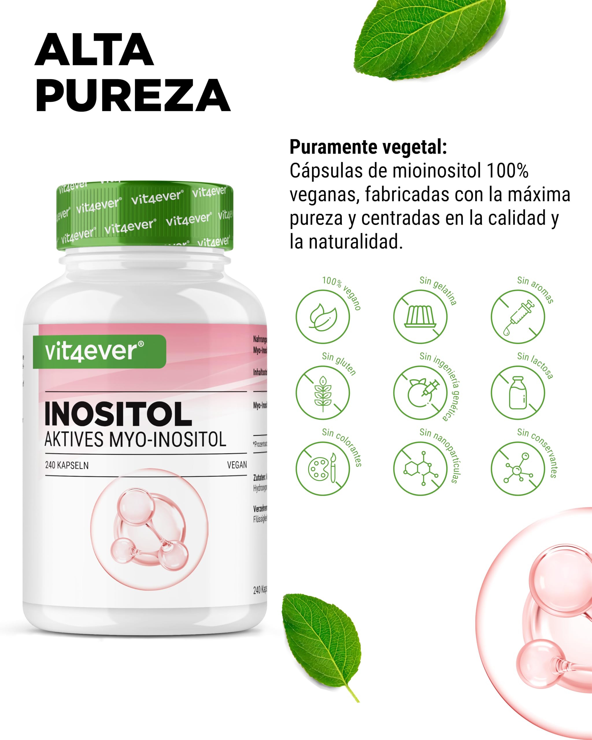 vit4ever Myo-Inositol - 1500 mg por Día - 240 Cápsulas Veganas de Alta Dosificación - Inositol puro, Componente importante del Metabolismo Celular - Sin Aditivos innecesarios