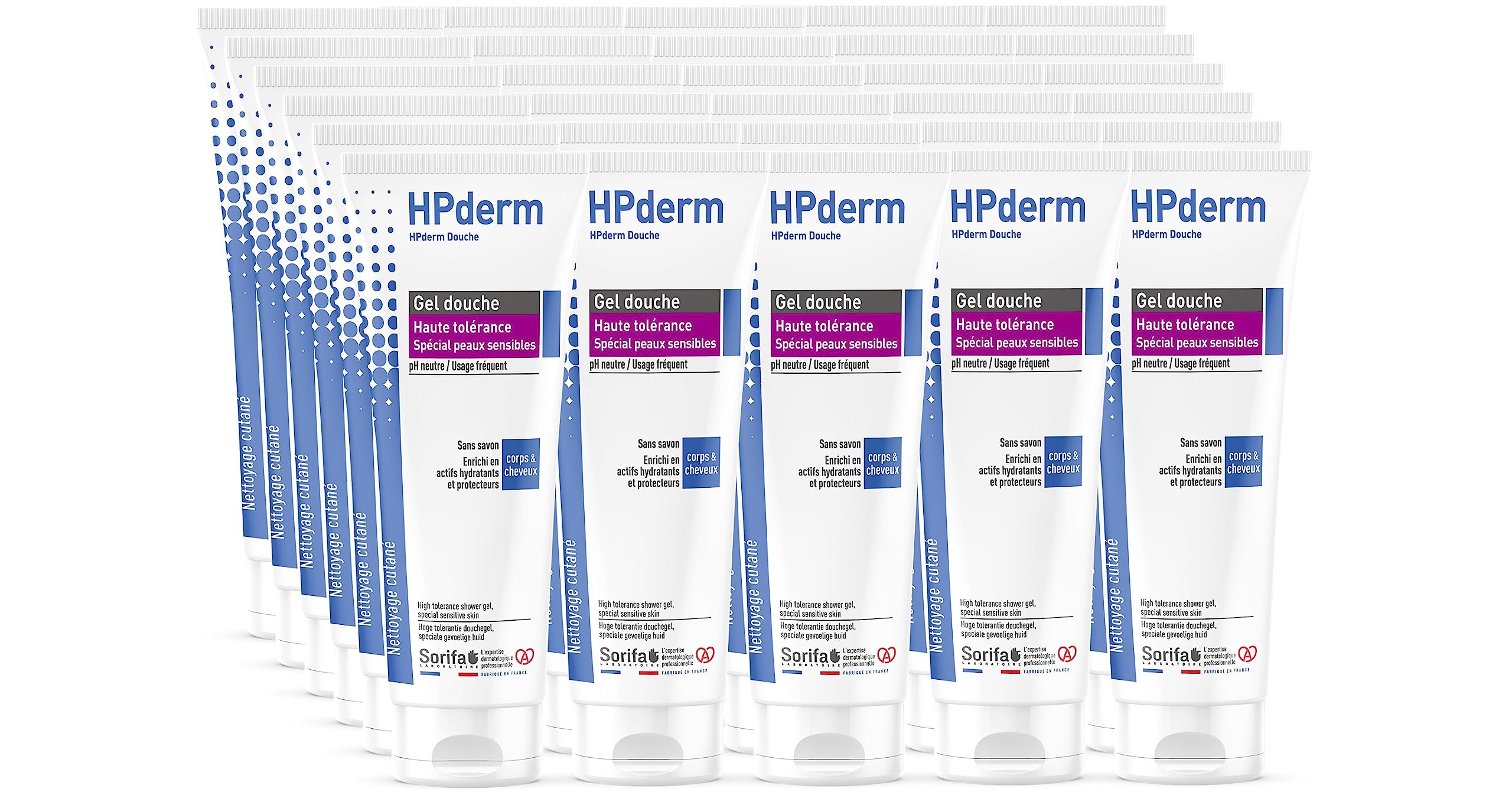 30 Stück HPderm Duschgel, hohe Farbkraft, 2-in-1, Körper und Haar, speziell für empfindliche Haut, Tattoos, geschwächtes Haar – häufiger Gebrauch – pH-neutral, ohne Seife – Tube 200 ml