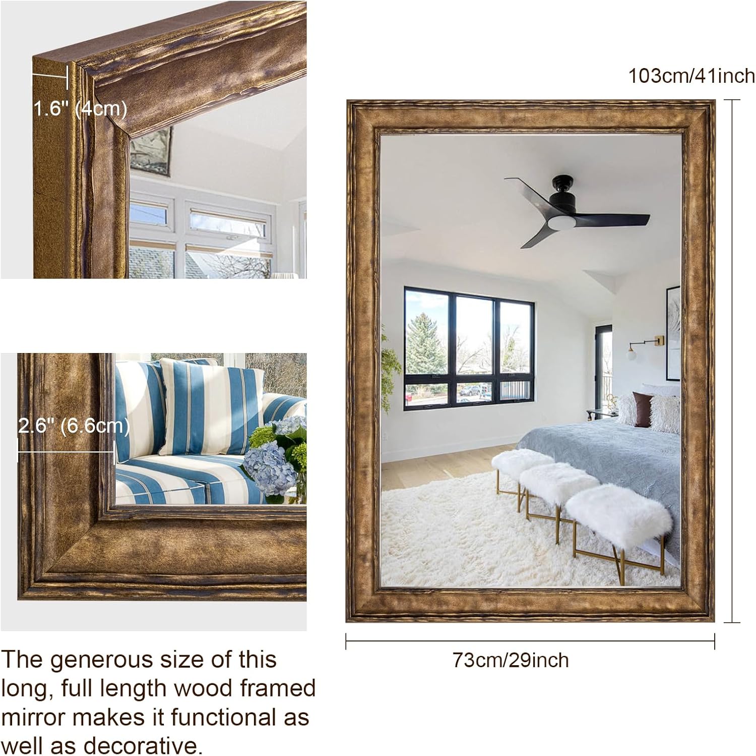 Vintage Wall Mirror, 41"x29" Rectangular Natural Wooden Framed Mirror for Bathroom, Decorative Wall Mirrors for Entryway, Dining Room, Fireplace, Vertical or Horizontal Hanging