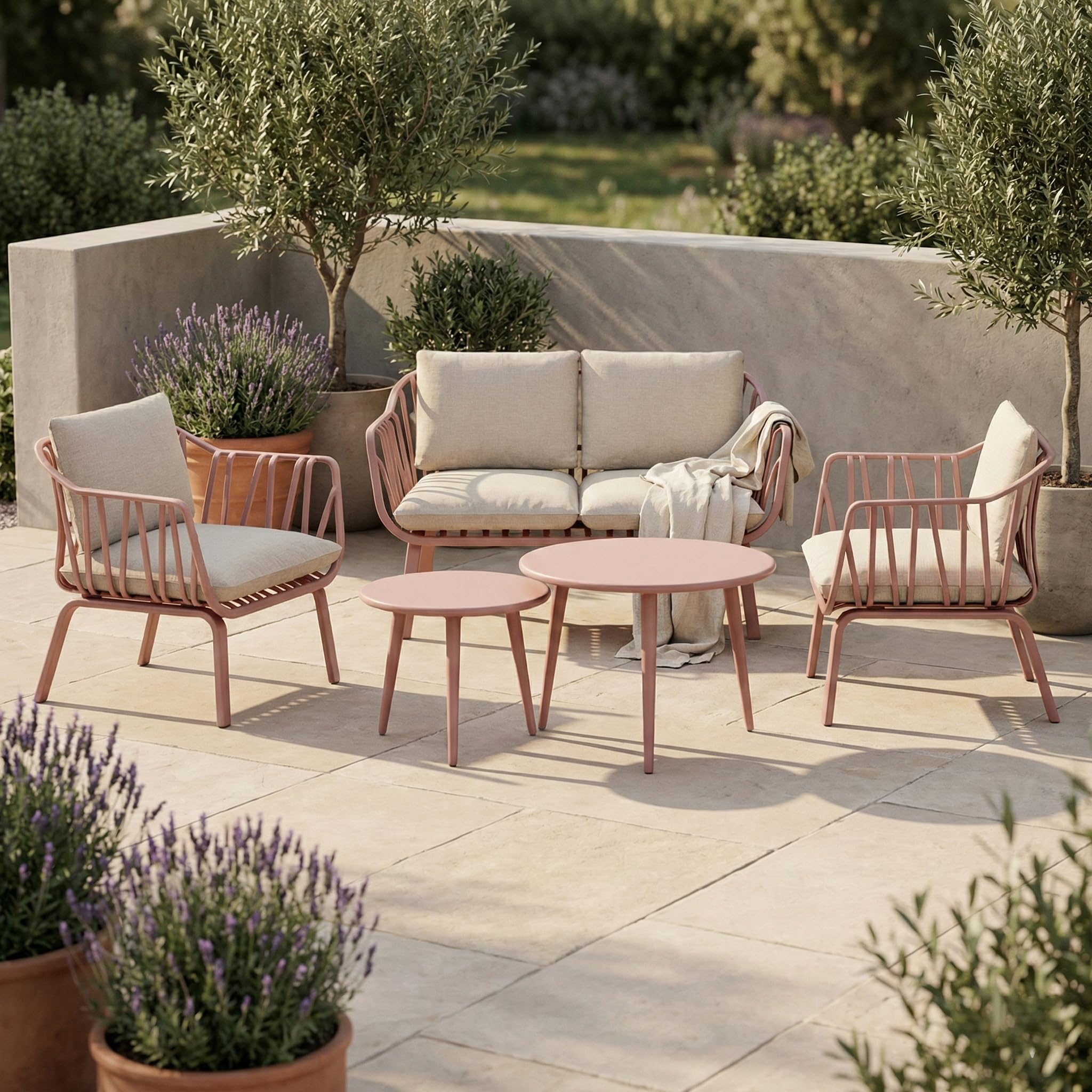 Brigros- Set Giardino Esterno Con Divano 2 Posti, 2 Poltrone E 2 Tavolini In Polipropilene Anti-uv Con Gambe In Metallo, Salotto Da Giardino Esterno Per Terrazzo E Balcone (Mattone)