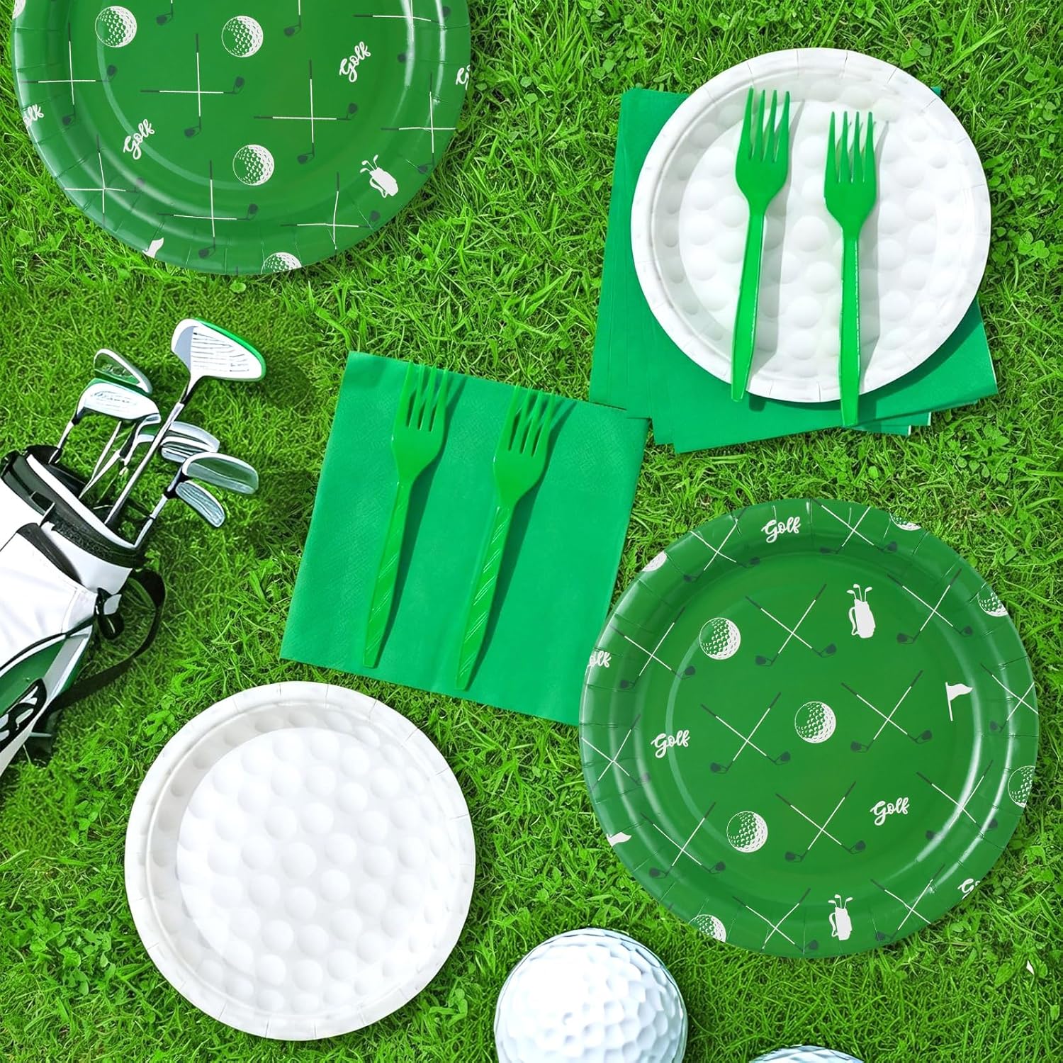 Qyeahkj 100 Pcs Golf Party Supplies Golf Ball Disposable Plates and Napkins Set Green White Sports Themed Paper Plates Dinnerware Kit for Sports Birthday Baby Shower Party Decorations Favors Serve 25