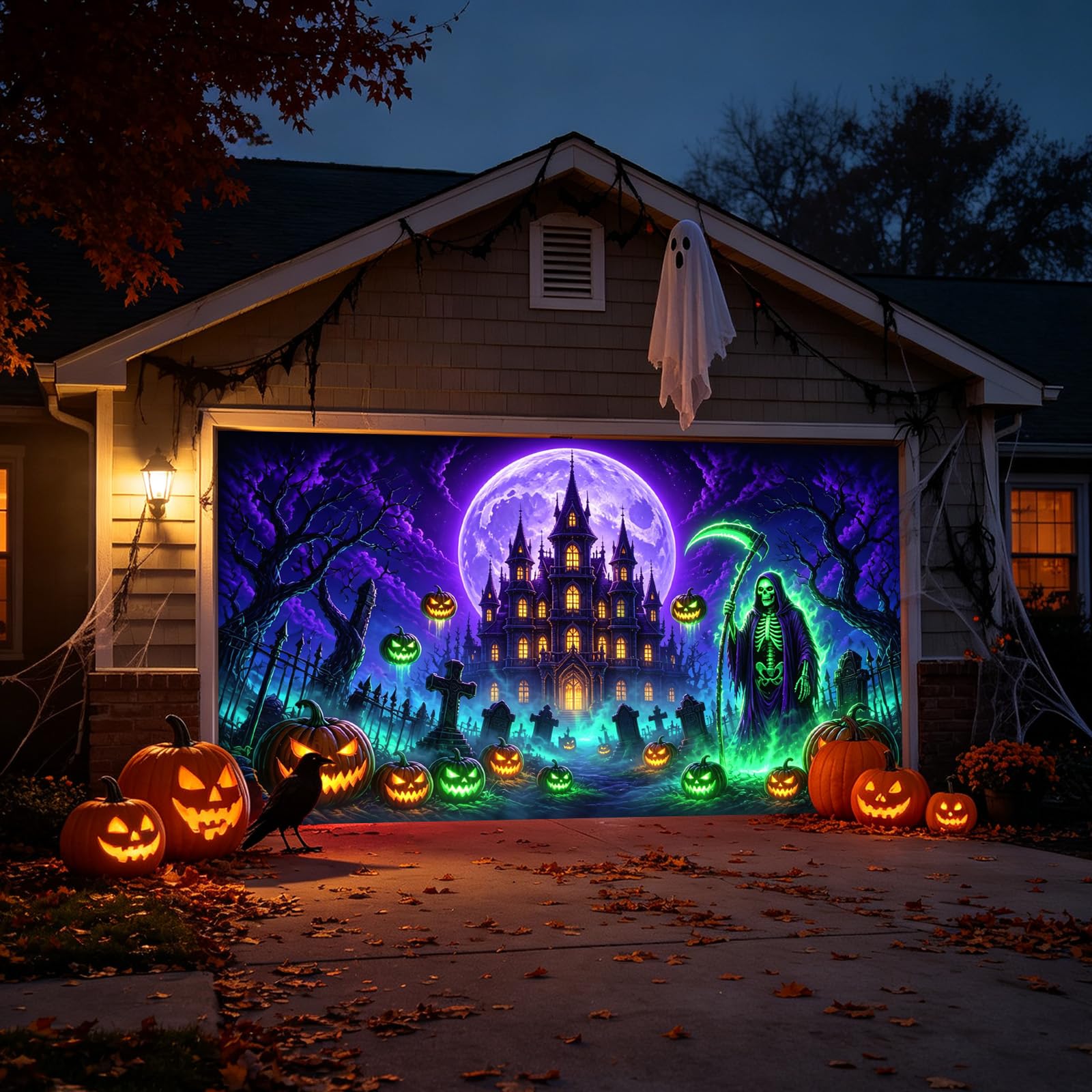 Halloween Garage Door Cover Halloween Decorations Outdoor Hanging Banner Garage Buddy Backdrop for Home Wall Decor Holiday Spooky Party Photo Backgrounds Window Decoration