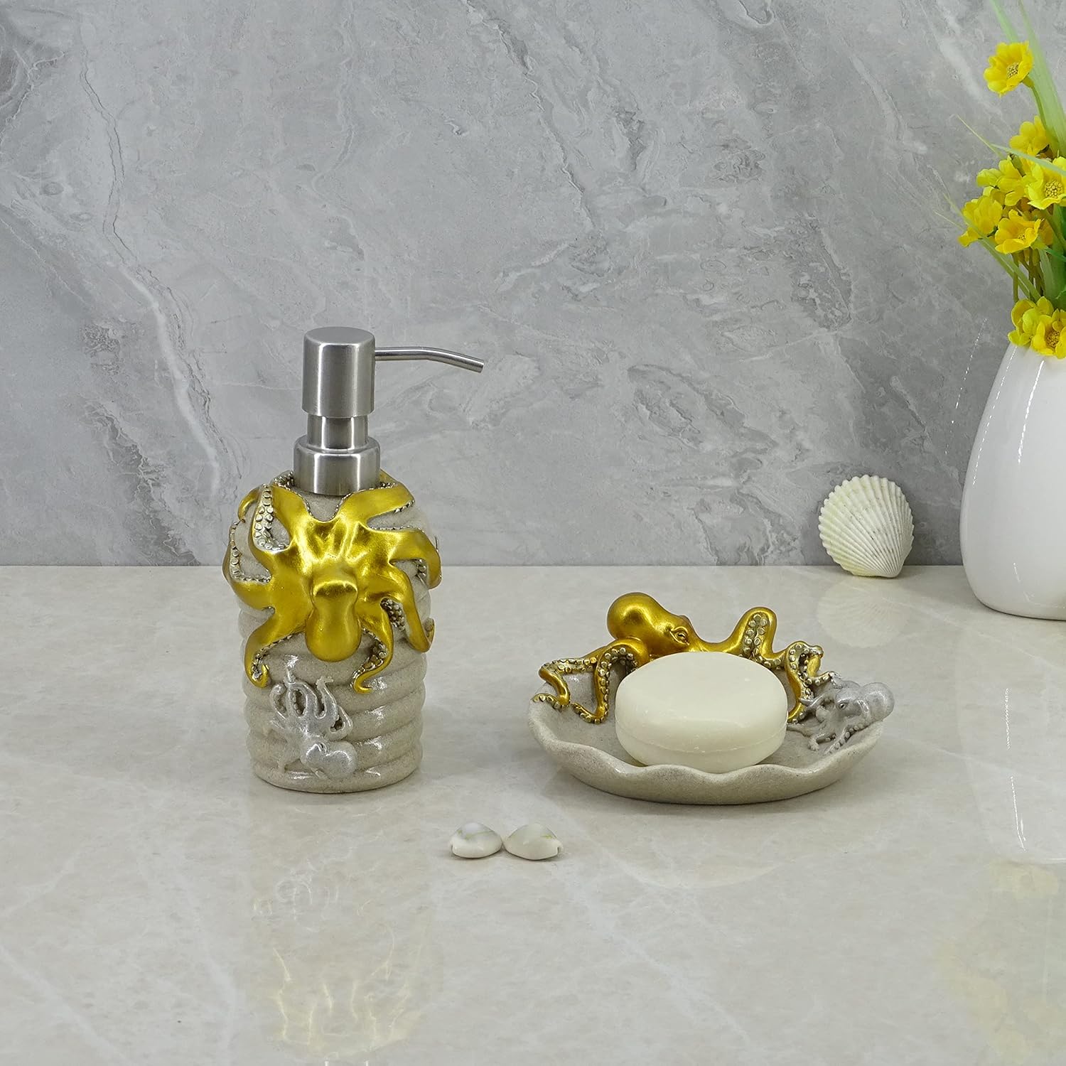 Resin Octopus Mother and Baby Soap Dispenser, Beach Bathroom Accessory,Ocean Theme Octopus Family Bathroom Decor,Coastal Decor (Loyal Gold)