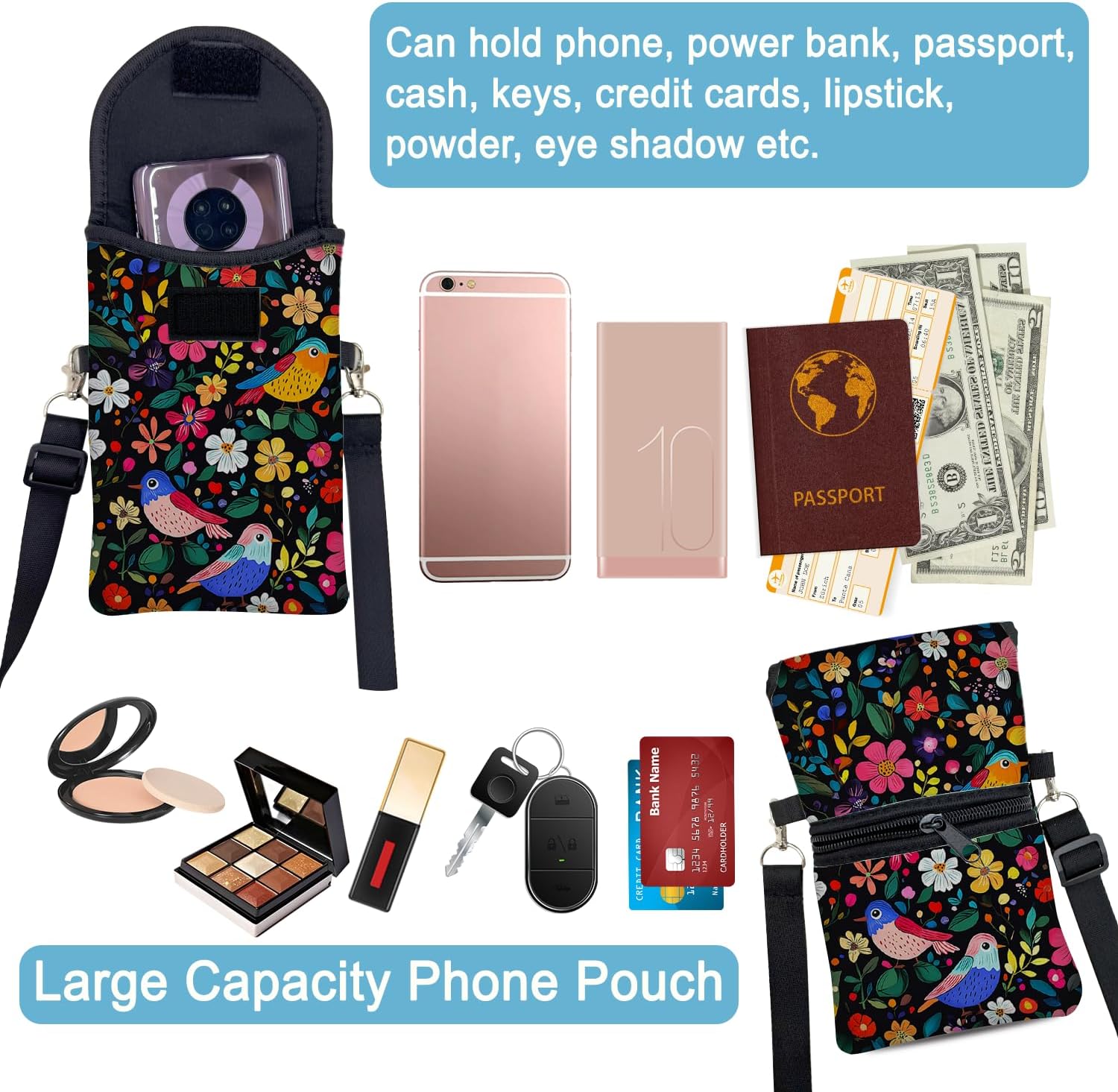 Neoprene Cell Phone Sleeve Pouch Case Bag with Crossbody Strap Neck Lanyard for Women 7.5 X 4.3 in Flower Bird - Image 6