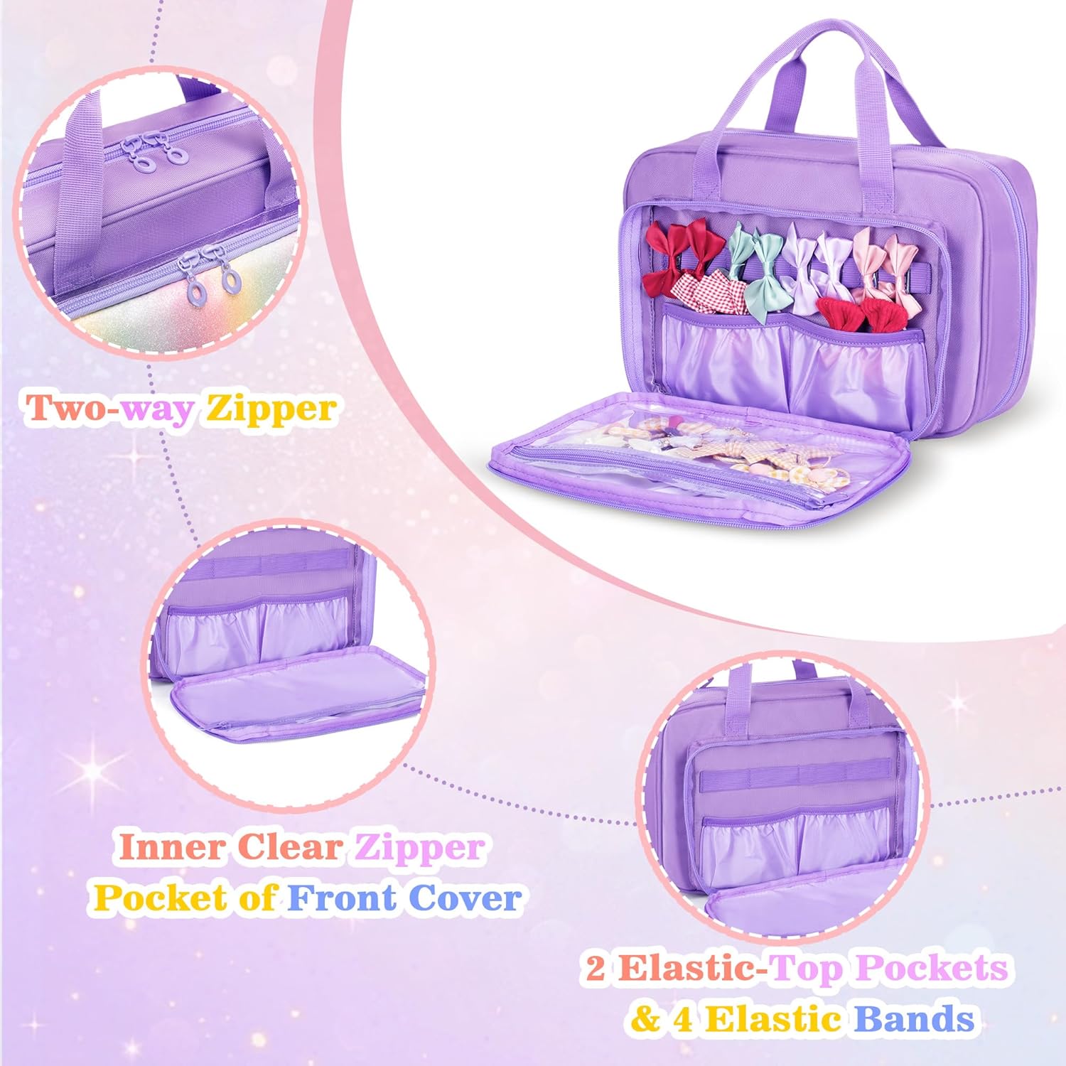 GRAOSO Hanging Hair Accessories Organizer, Bow Holder for Bay Girls, Travel Hair Storage Hook Bag For Clips, Ties, Headbands, Scrunchies, Purple
