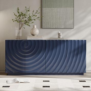 59" Sideboard Cabinet Blue Wood Console with Ripple Doors