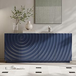 59 Inch Contemporary Sideboard Buffet Table - Navy Blue Ripple Design Storage Cabinet, Accent Console for Kitchen Dining Room, Entryway & Living Room