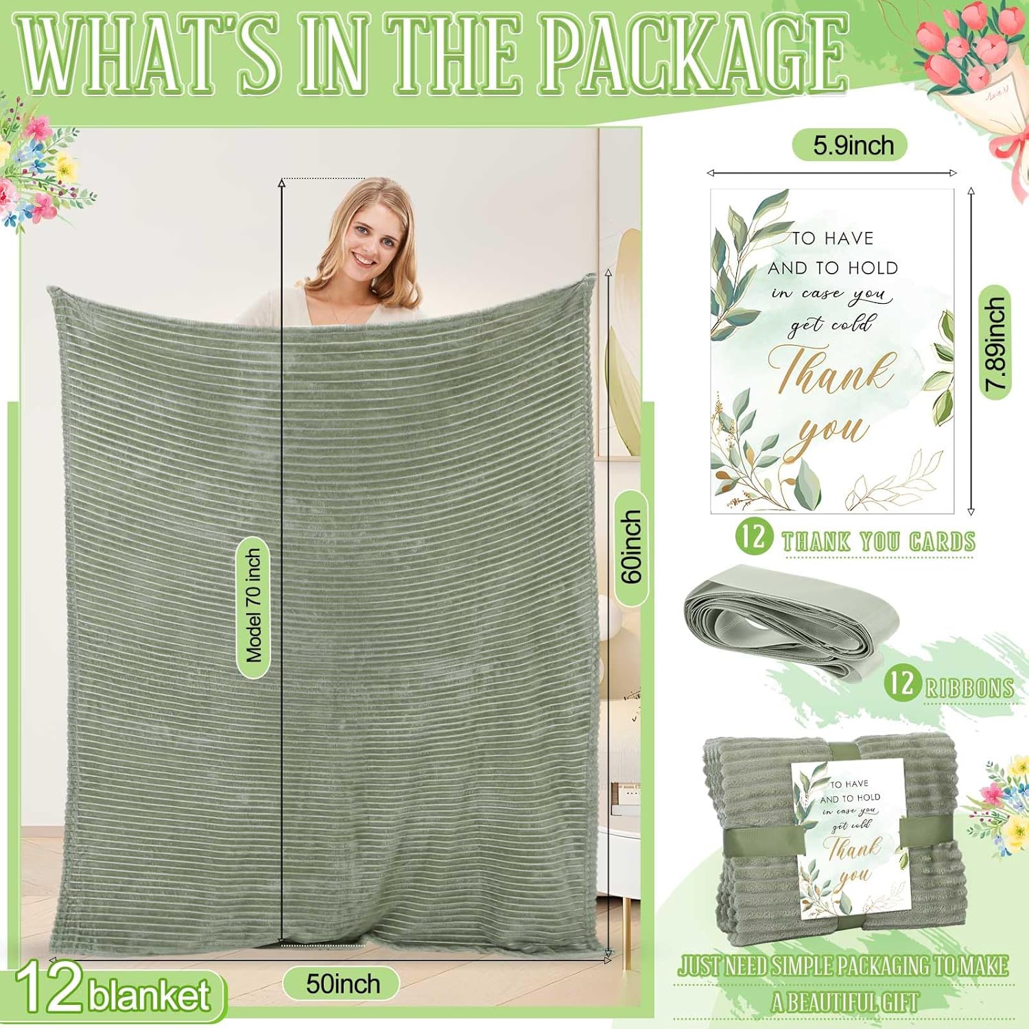 Buryeah 12 Pcs Wedding Flannel Fleece Throw Blanket Bulk with Thank You Card and Ribbon, 50 x 60 in Oeko-TEX Standard 100 Certified Blankets Outdoor Wedding, Guest Party Souvenirs (Sage Green) - Image 2