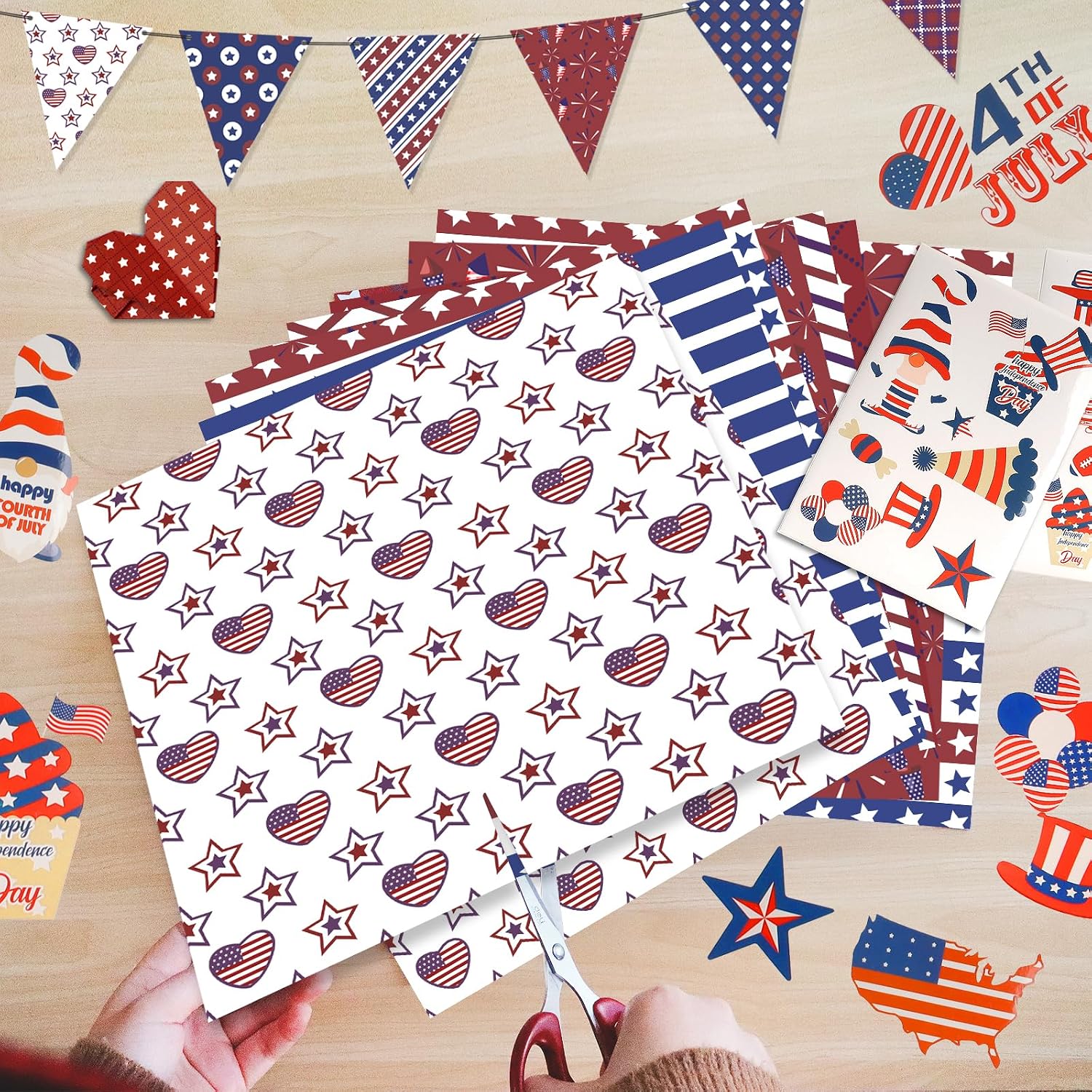 ZHAO 24 Sheets 4th of July Pattern Paper Pack Patriotic Scrapbook Craft Paper Double-Sided Origami Paper with Stickers for Independence Day DIY Scrapbook Card Making (11.8x11.8, Inches)