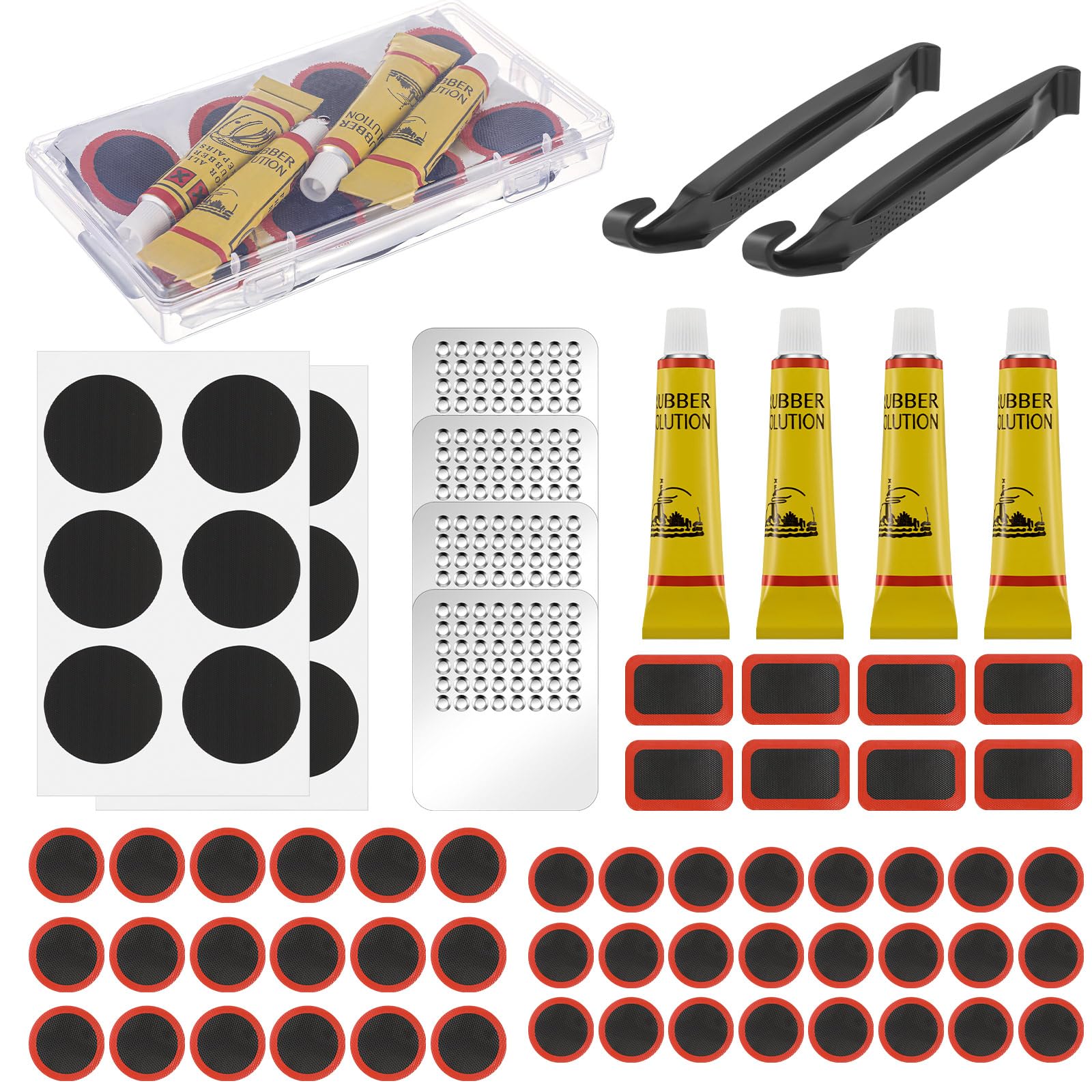 Tallew 72 Pcs Bike Tire Repair Kit with 50 Pcs Vulcanizing Patches, 12 Pcs Pre Glued Patches, 4 Pcs Vulcanizing Fluid, 4 Pcs Metal Rasp and 2 Pcs Plastic Levers for Cycling Motorcycle Bicycle