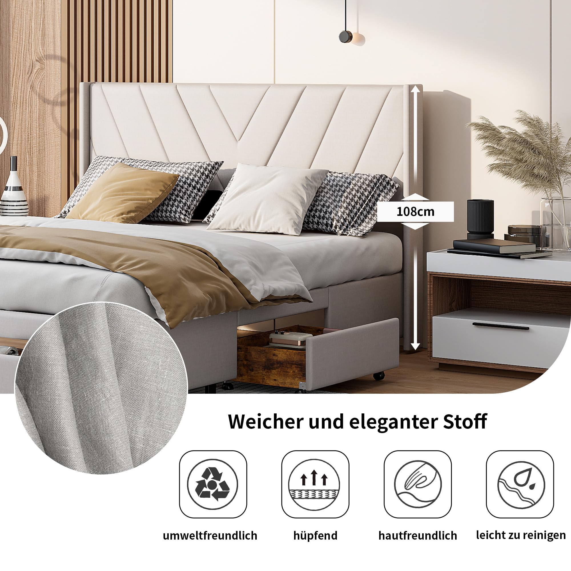 Tweepersoonsbed 160 X 200 Met 4 Lades, Gewatteerd Bed 160 X 200 Met Opladen Via Usb Pu Beige