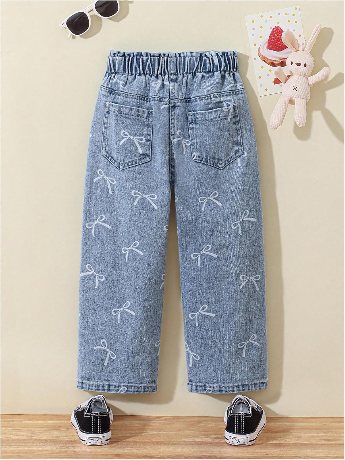 WDIRARA Girl's Cute Bow Pattern Jeans Elastic Waist Wide Leg Denim Pants - Image 2