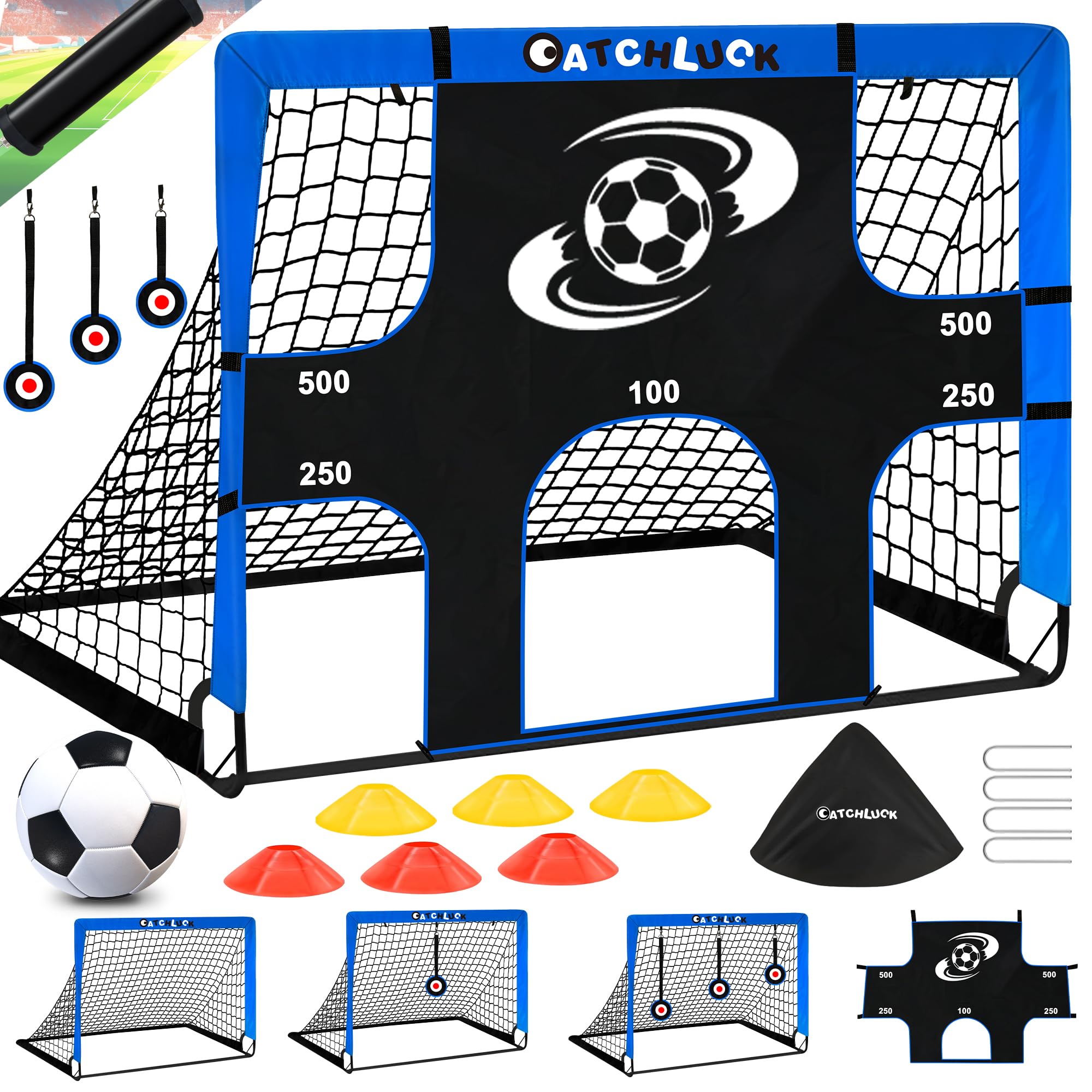 CATCHLUCK Football Goal Posts for Garden Kids Goal Target 5 In 1 Portable Foldable Kids Football Net Indoor Outdoor Training Equipment with Target and Carry Bag (Blue1)