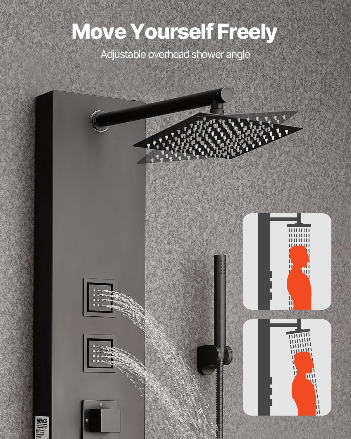 VEVOR Duschpaneel-Turmsystem (4 in 1) mit Regenwasserfall-Duschkopf, (124 cm) Duschsäule aus gebürstetem Edelstahl, Regenmassagesystem zur Wandmontage, mit Handbrause & 4 kleiner Massagedüsen