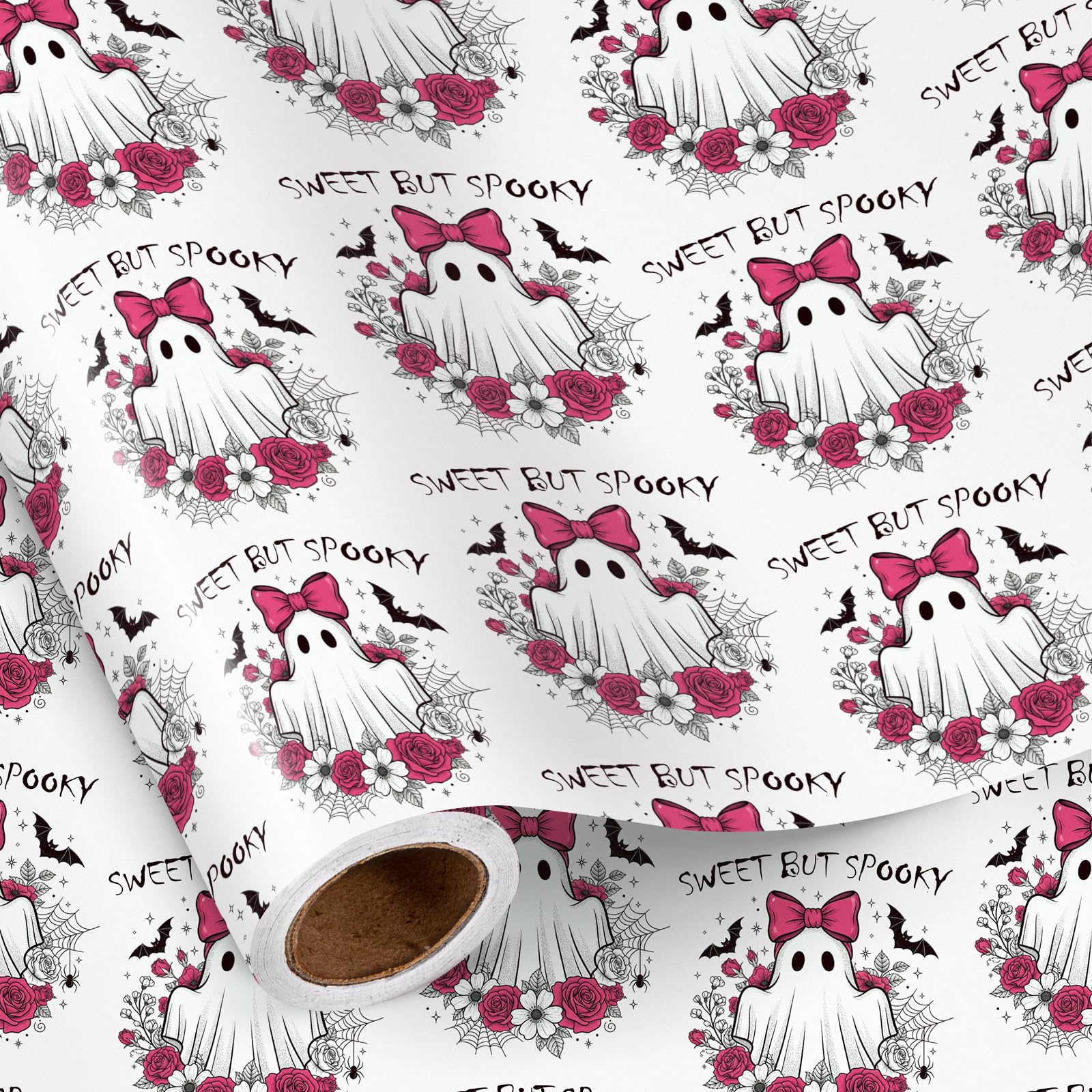 RUSPEPA Sweet Pink Halloween Mini Wrapping Paper Roll, Ghost with Bow & Floral Accents for Girls, Women, Parties and Birthday Gifts, 43.2cm x 5m