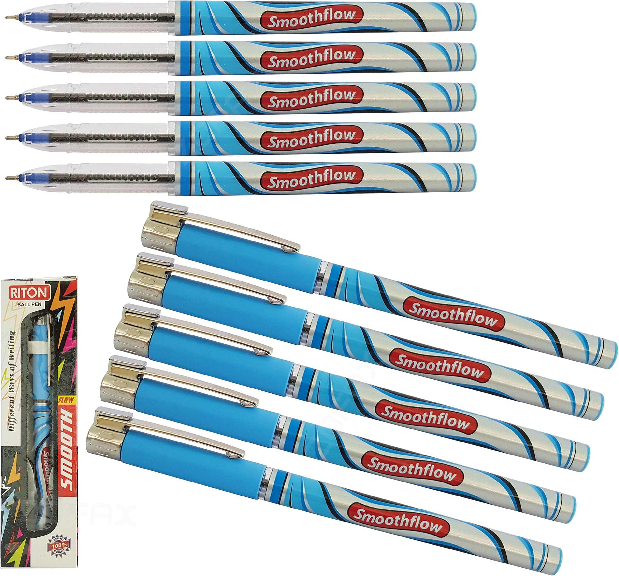 RITON SmoothFlow 10 x 0.7mm Smooth Tip BLUE Biro Ball Point Pens Stylish Design