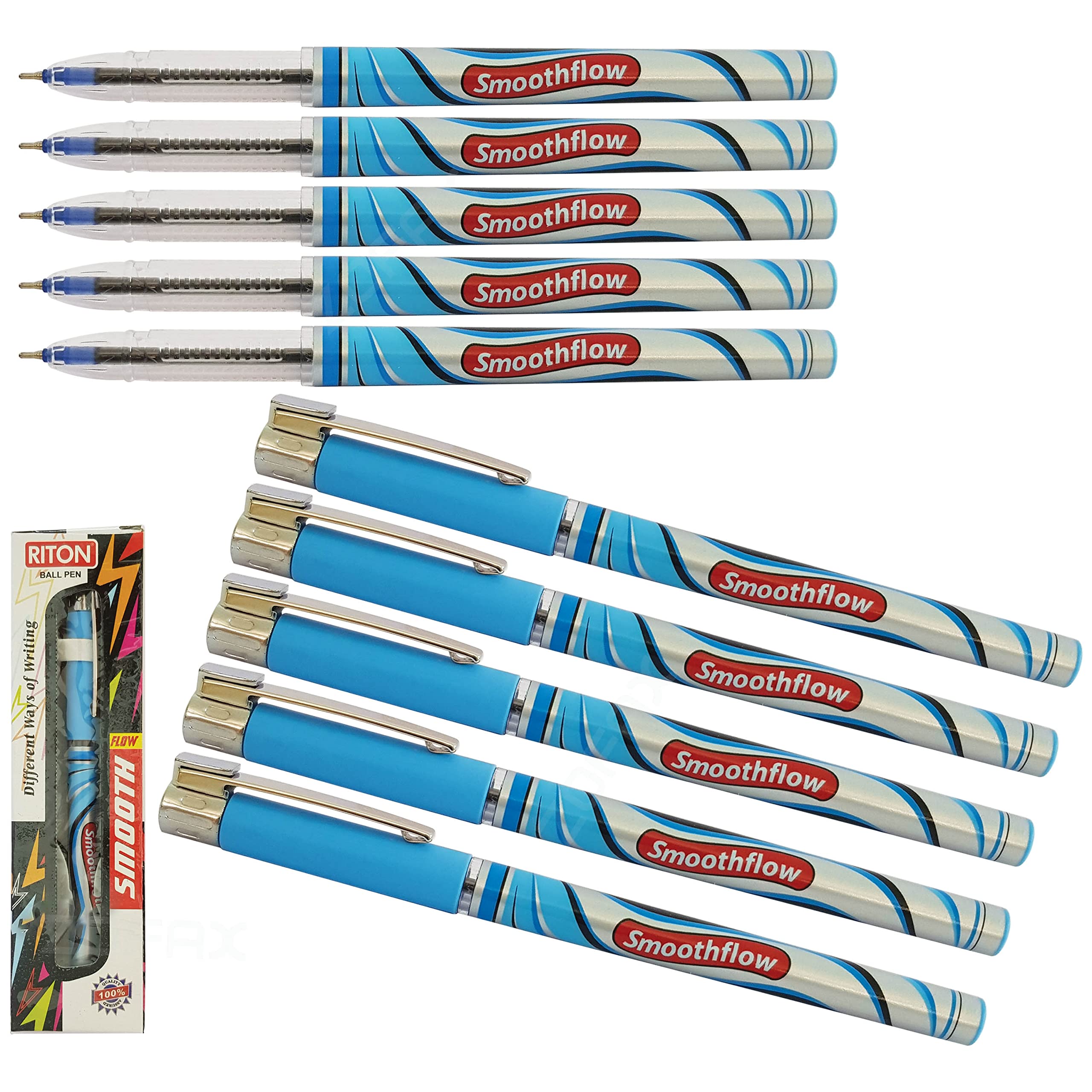 RITON SmoothFlow 10 x 0.7mm Smooth Tip BLUE Biro Ball Point Pens Stylish Design