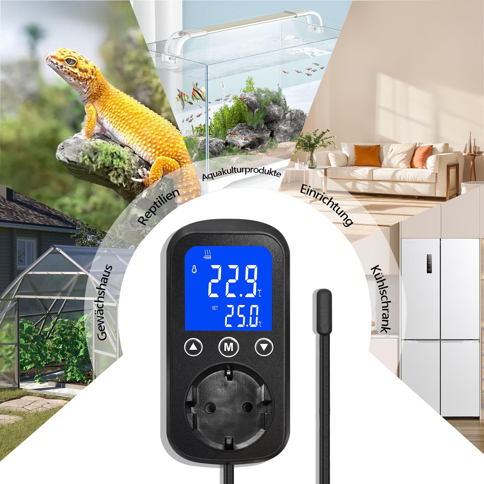 Digital Temperature Controller Socket mit wasserdichtem Sensor, Heizung Kühlsteuerung Thermostat Stecker, Temperaturschalter für Gewächshaus, Aquarium, Terrarium, Reptilien