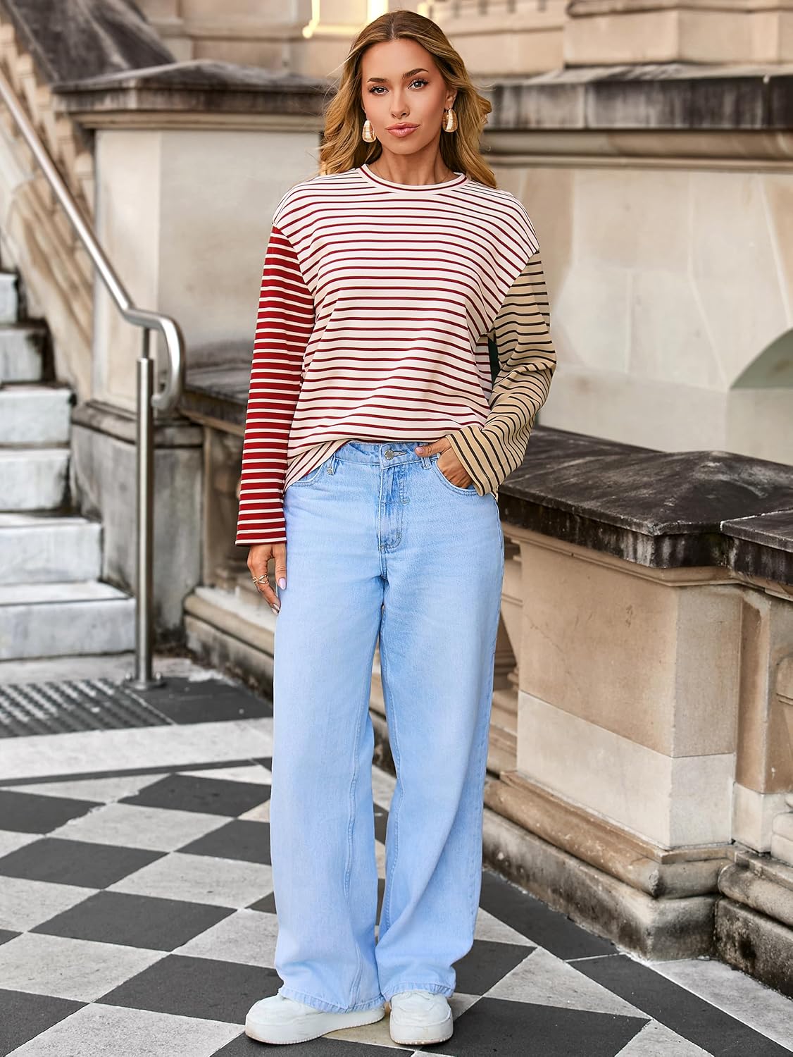 Glamaker Womens Striped Crewneck Sweatshirt Casual Color Block Top Long Sleeve Shirts Pullover Fall Outfits - Image 5